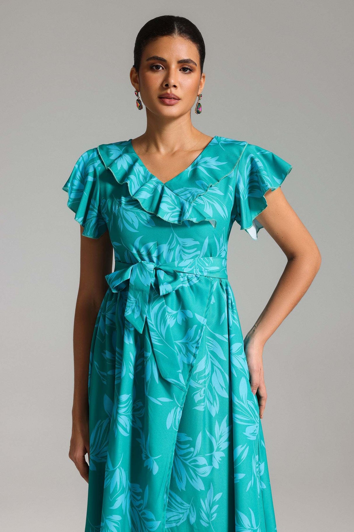Rosaura Turquoise Floral Maxi Dress with Ruffled Sleeves and V-neckline