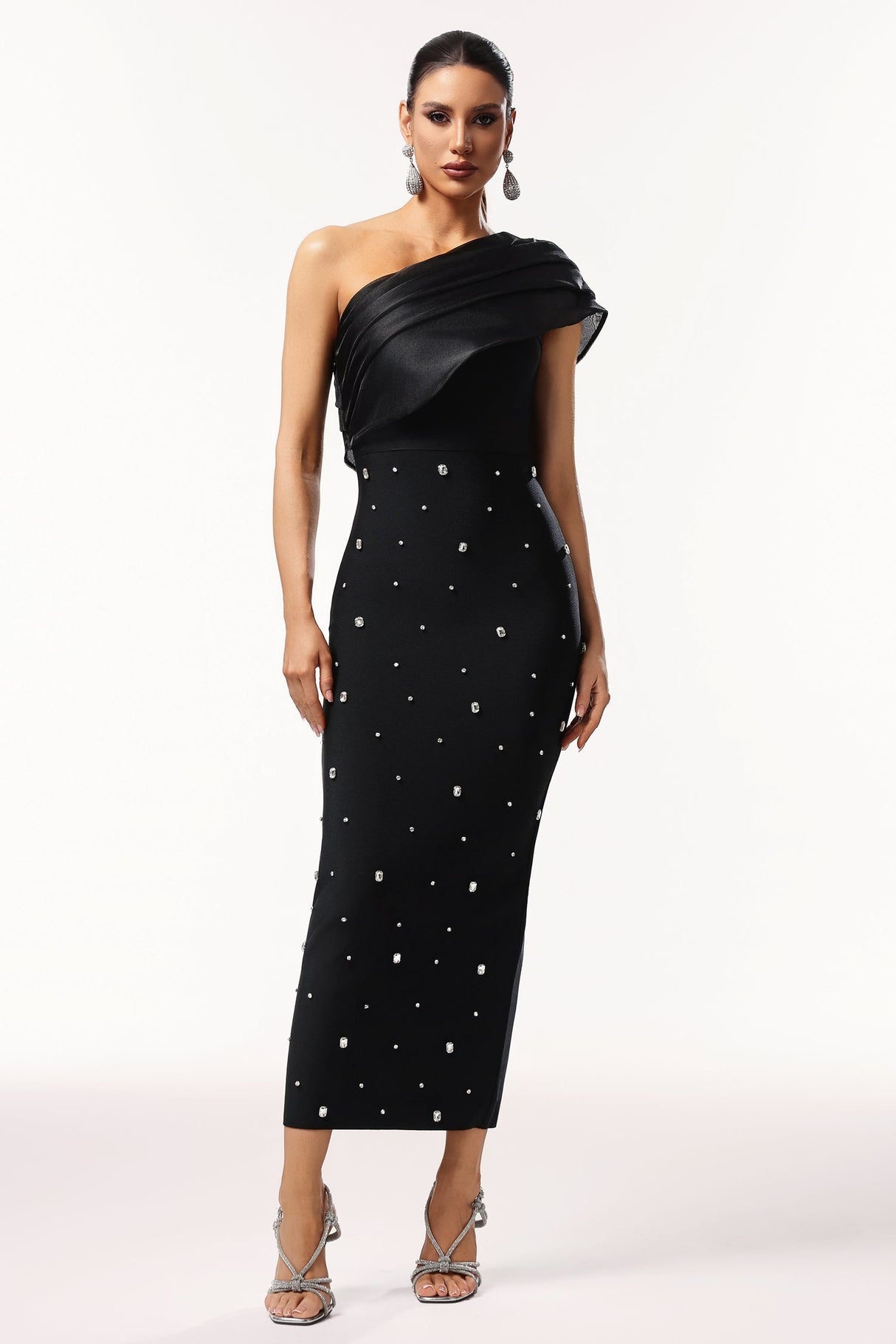 Rose Black Diamond Embellished One-Shoulder Maxi Dress