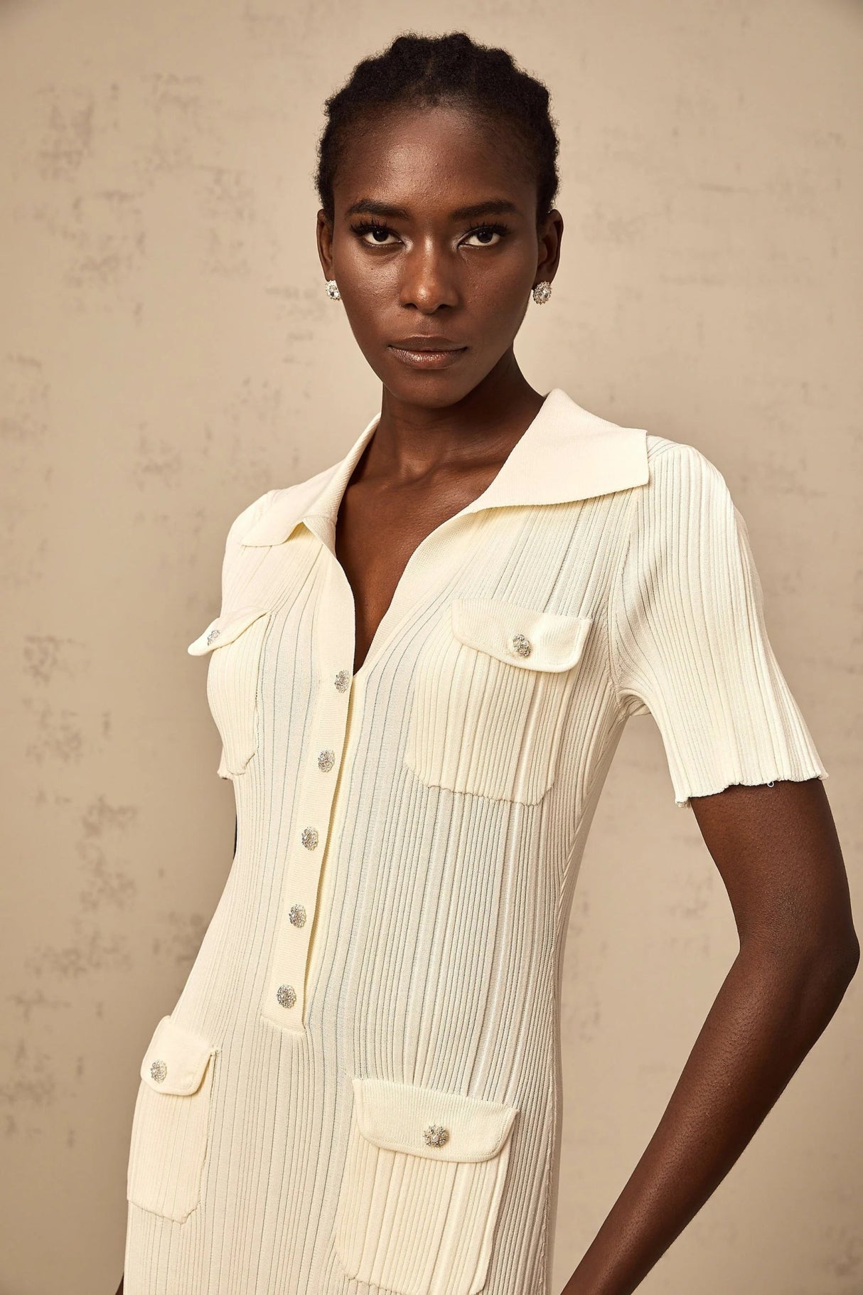 Rose Midi Dress Neutrals Ribbed - Knit Flared Pockets Button - Front & V - Neck