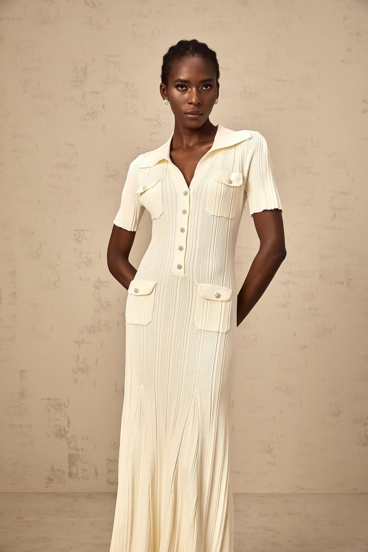 Rose Midi Dress Neutrals Ribbed - Knit Flared Pockets Button - Front & V - Neck