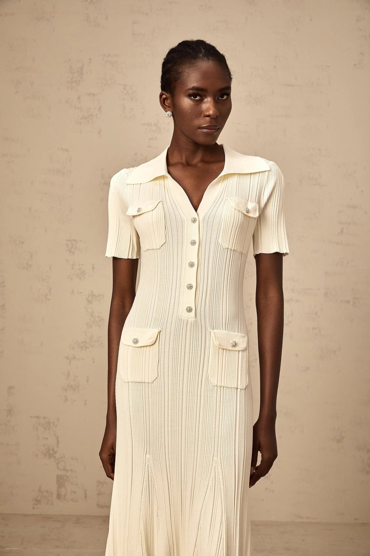 Rose Midi Dress Neutrals Ribbed - Knit Flared Pockets Button - Front & V - Neck