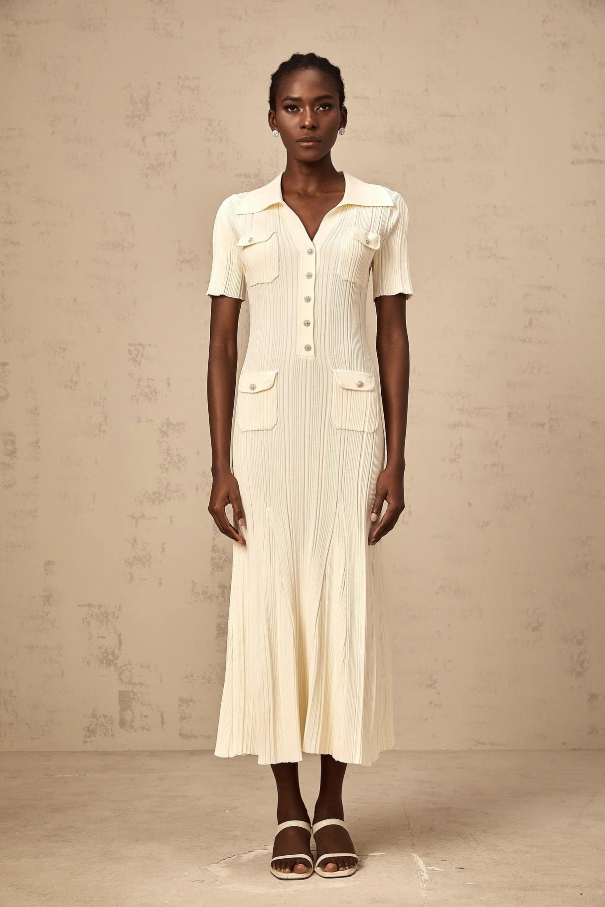 Rose Midi Dress Neutrals Ribbed - Knit Flared Pockets Button - Front & V - Neck