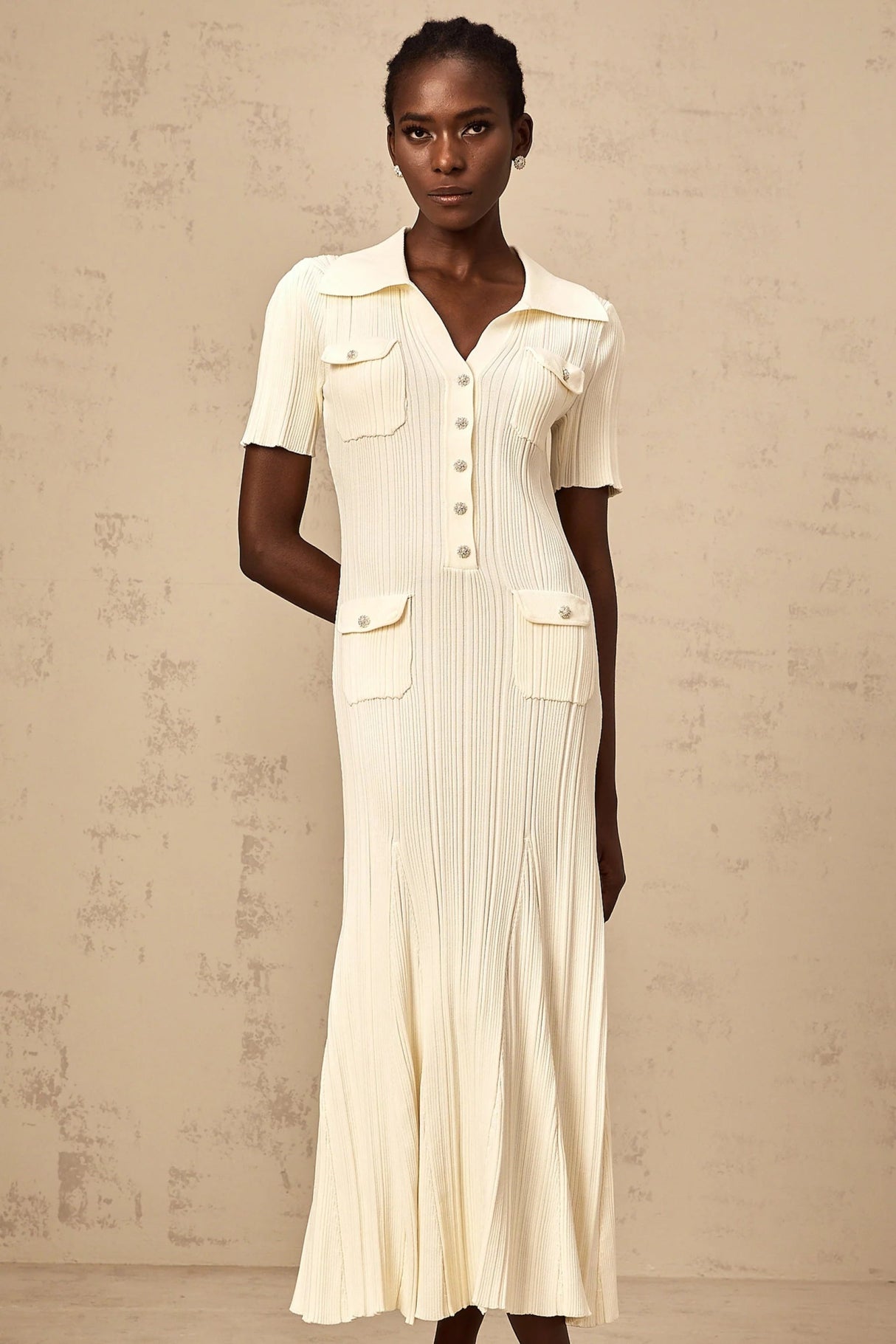 Rose Midi Dress Neutrals Ribbed - Knit Flared Pockets Button - Front & V - Neck