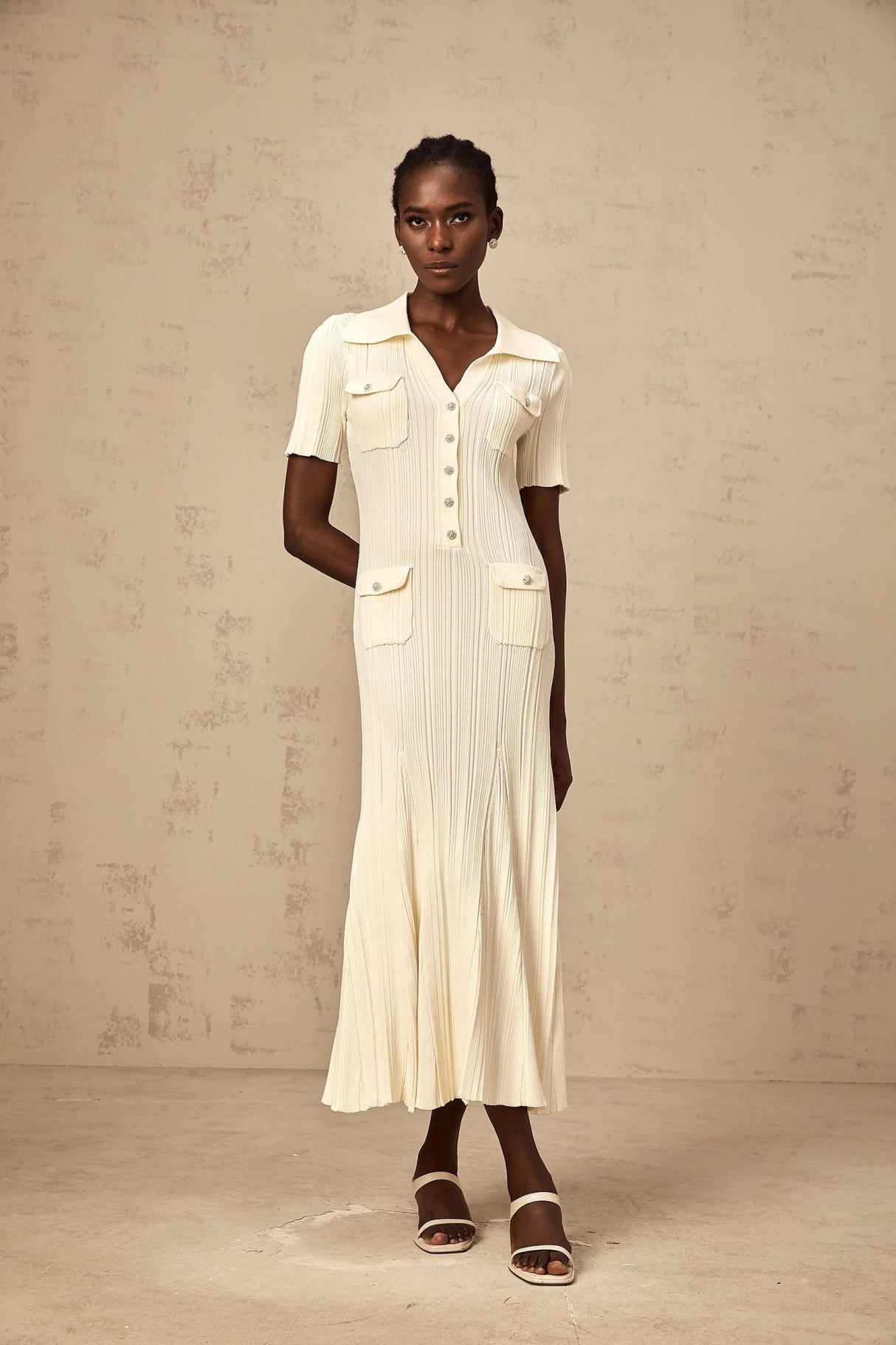 Rose Midi Dress Neutrals Ribbed - Knit Flared Pockets Button - Front & V - Neck