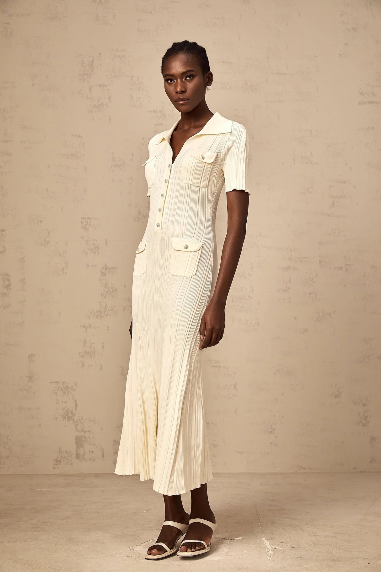 Rose Midi Dress Neutrals Ribbed - Knit Flared Pockets Button - Front & V - Neck