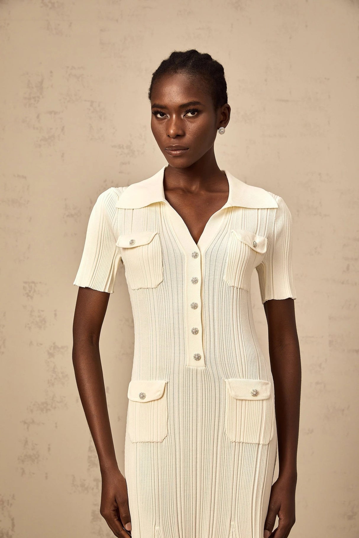 Rose Midi Dress Neutrals Ribbed - Knit Flared Pockets Button - Front & V - Neck