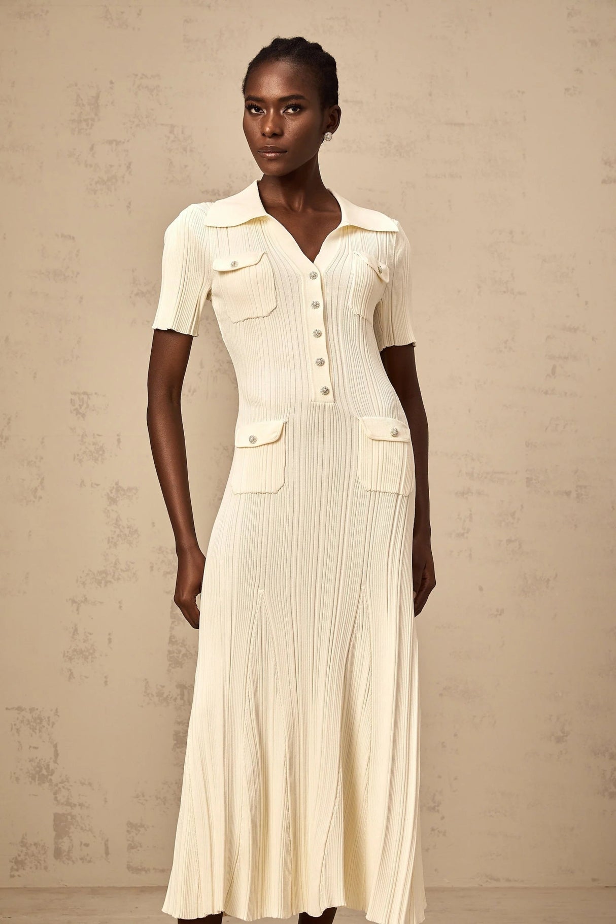 Rose Midi Dress Neutrals Ribbed - Knit Flared Pockets Button - Front & V - Neck