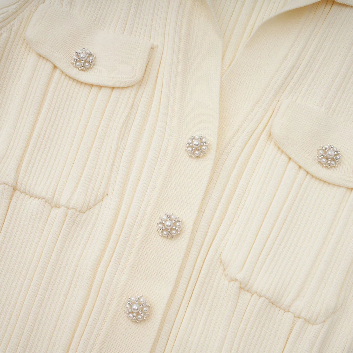 Rose Midi Dress Neutrals Ribbed - Knit Flared Pockets Button - Front & V - Neck