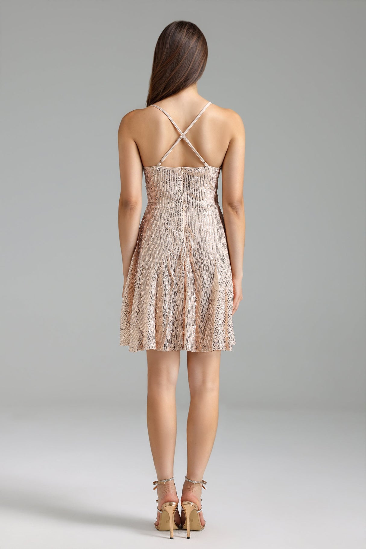 Rose Sequin Mini Dress with Deep V-Neckline and Cinched Waist