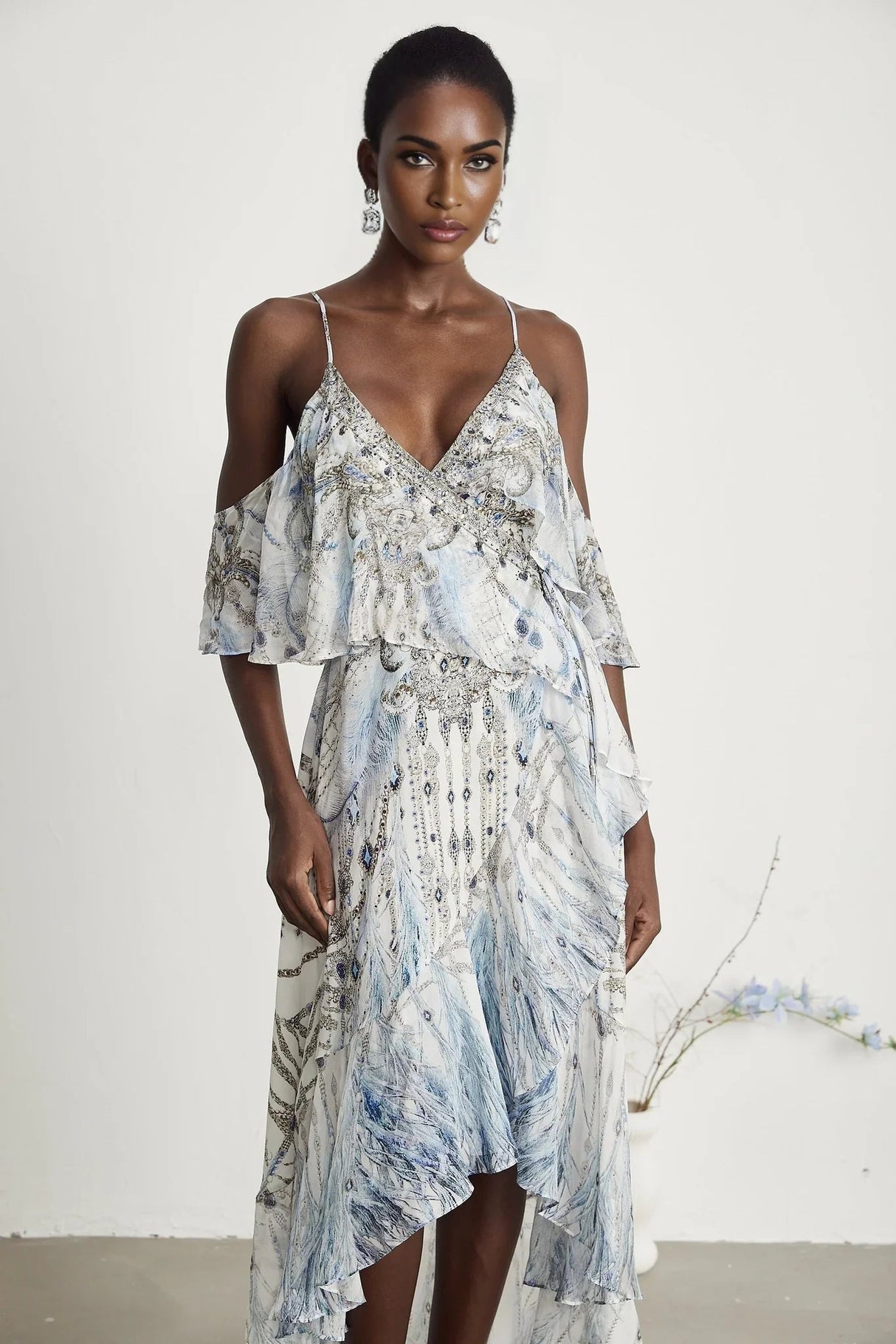 Rosetta Dress White Crystal Embellished Ruffle Hem Midi Silk