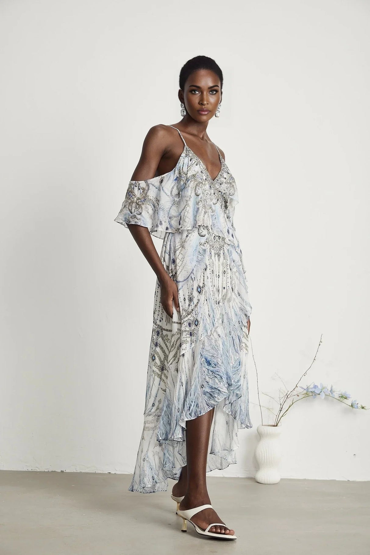 Rosetta Dress White Crystal Embellished Ruffle Hem Midi Silk