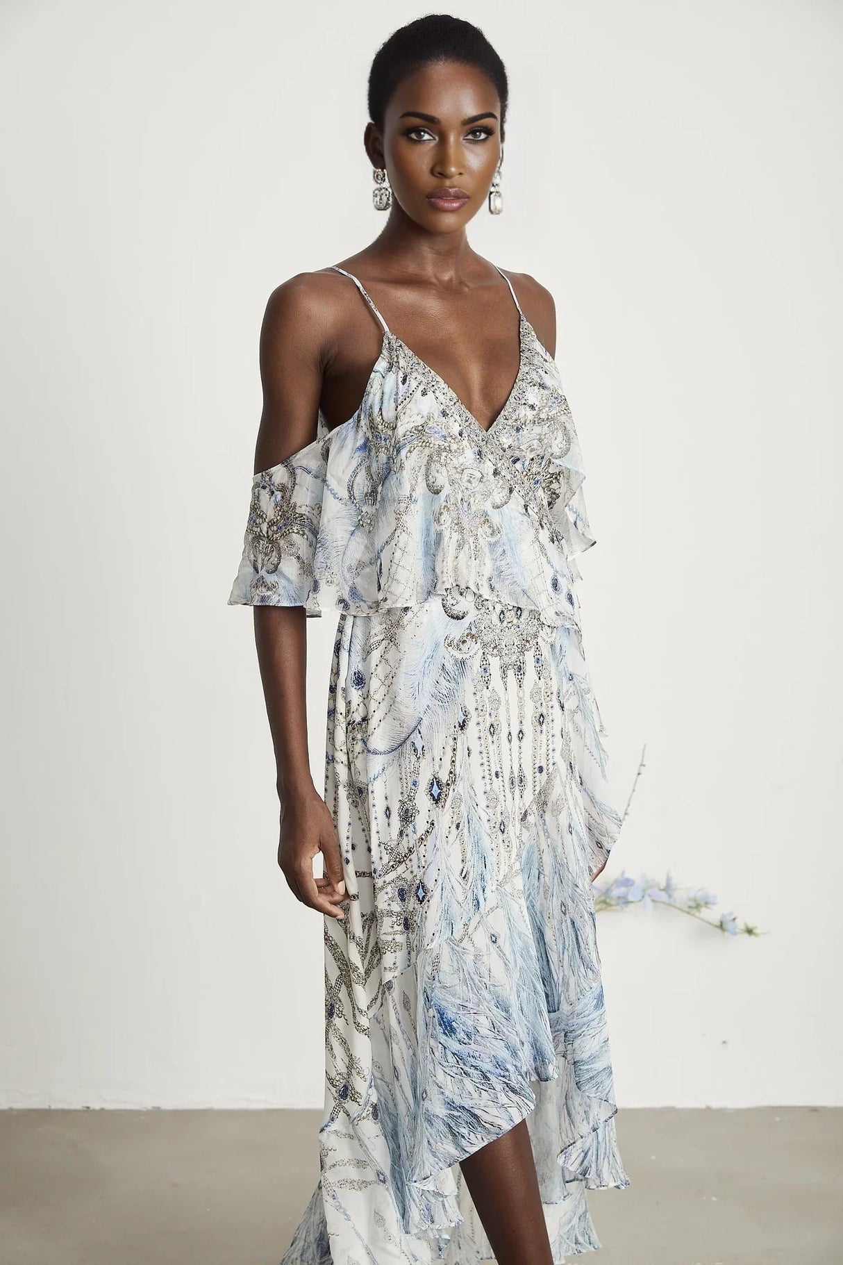 Rosetta Dress White Crystal Embellished Ruffle Hem Midi Silk