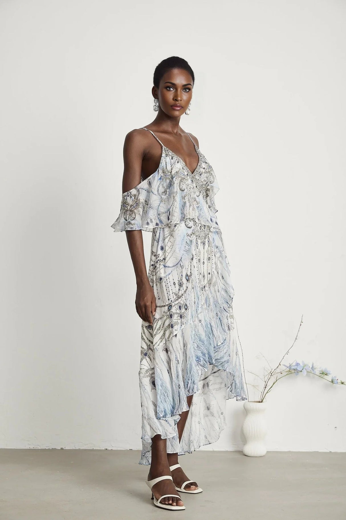 Rosetta Dress White Crystal Embellished Ruffle Hem Midi Silk