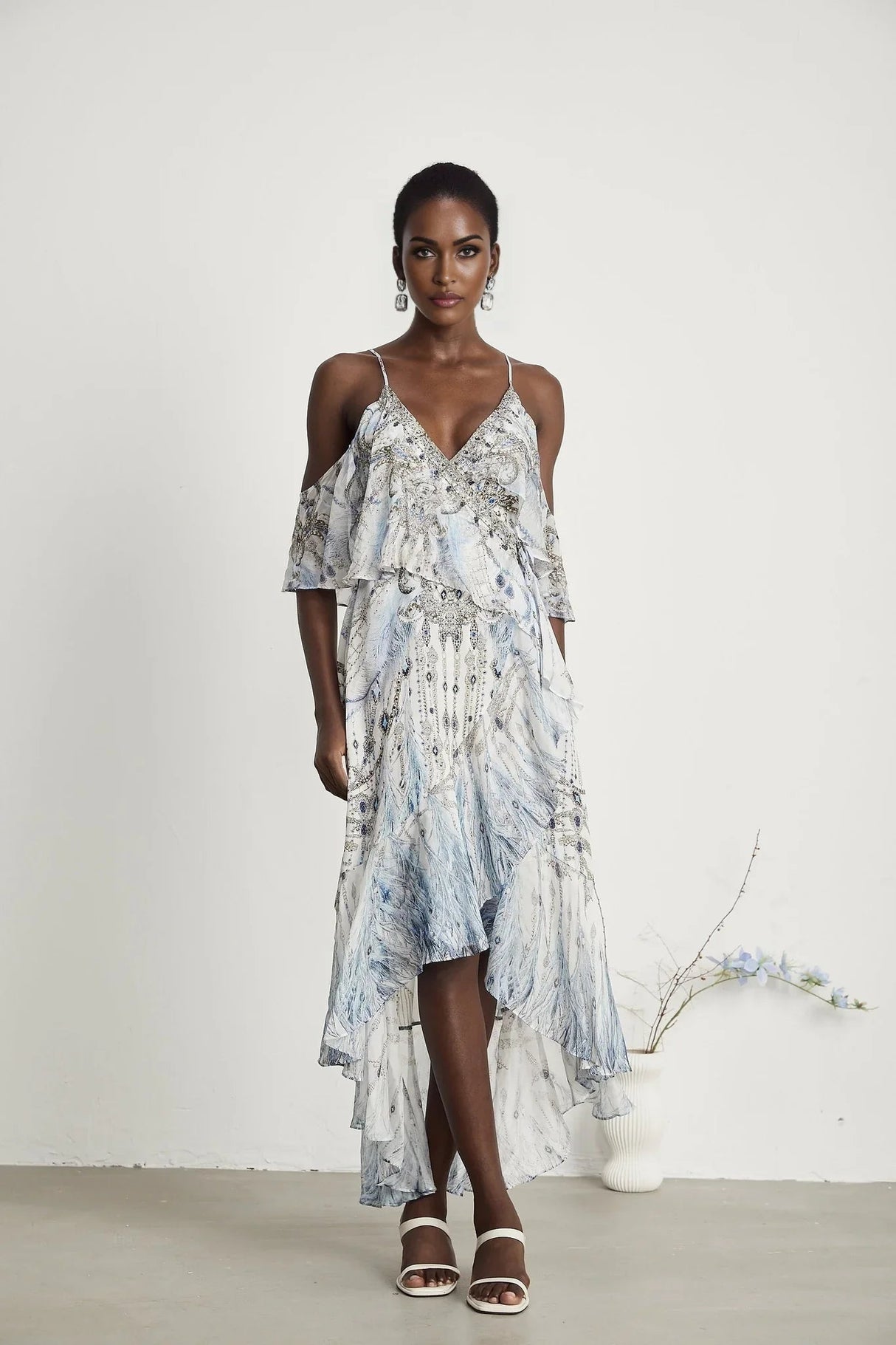 Rosetta Dress White Crystal Embellished Ruffle Hem Midi Silk