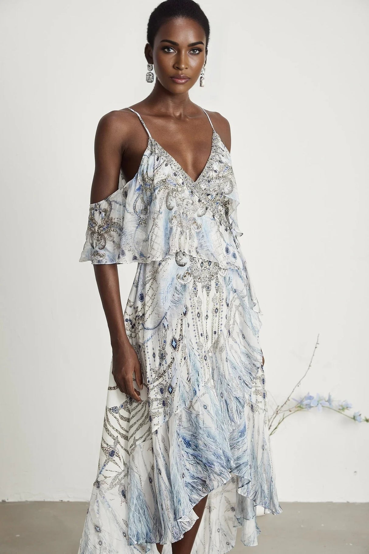 Rosetta Dress White Crystal Embellished Ruffle Hem Midi Silk