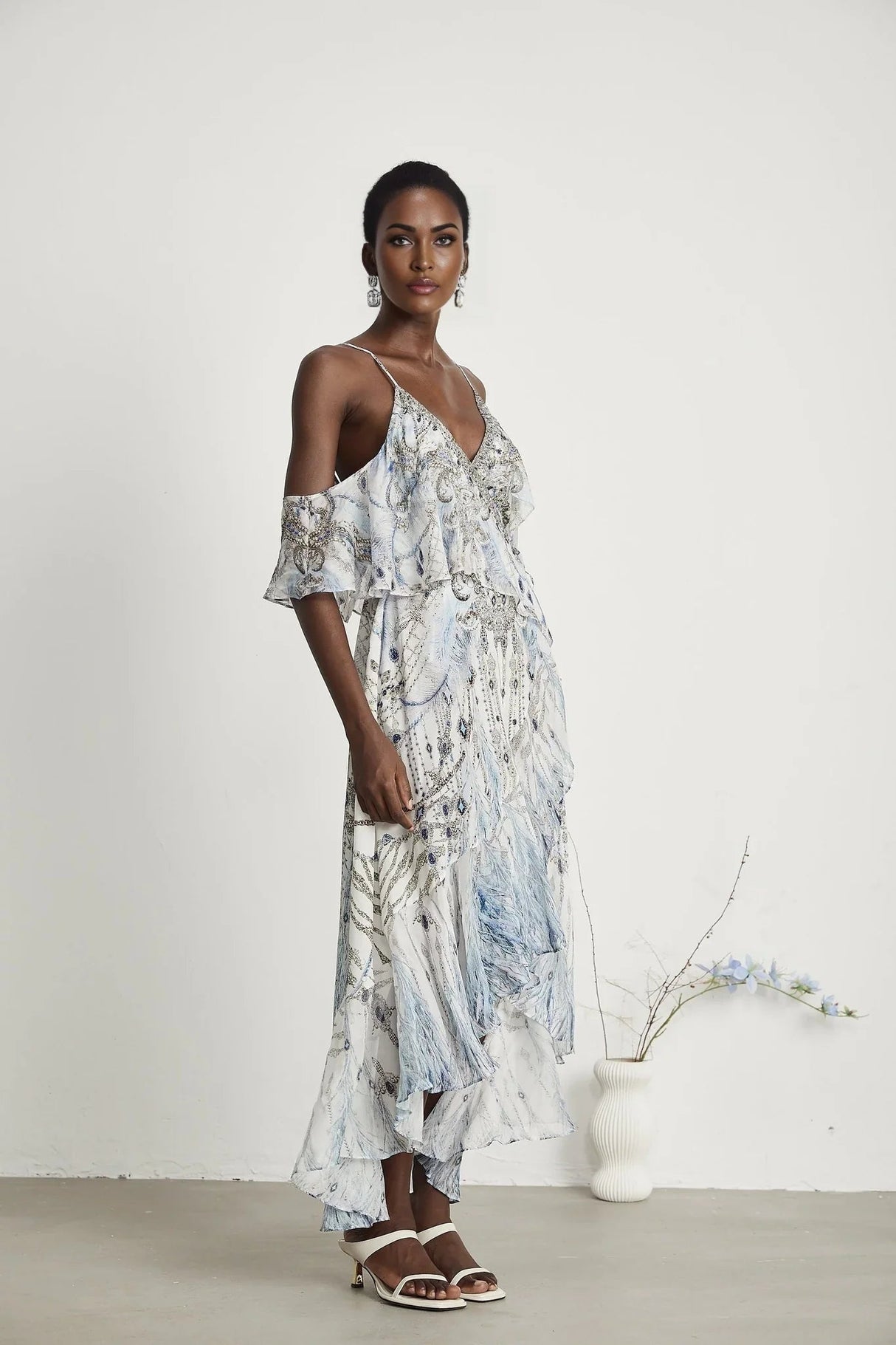 Rosetta Dress White Crystal Embellished Ruffle Hem Midi Silk