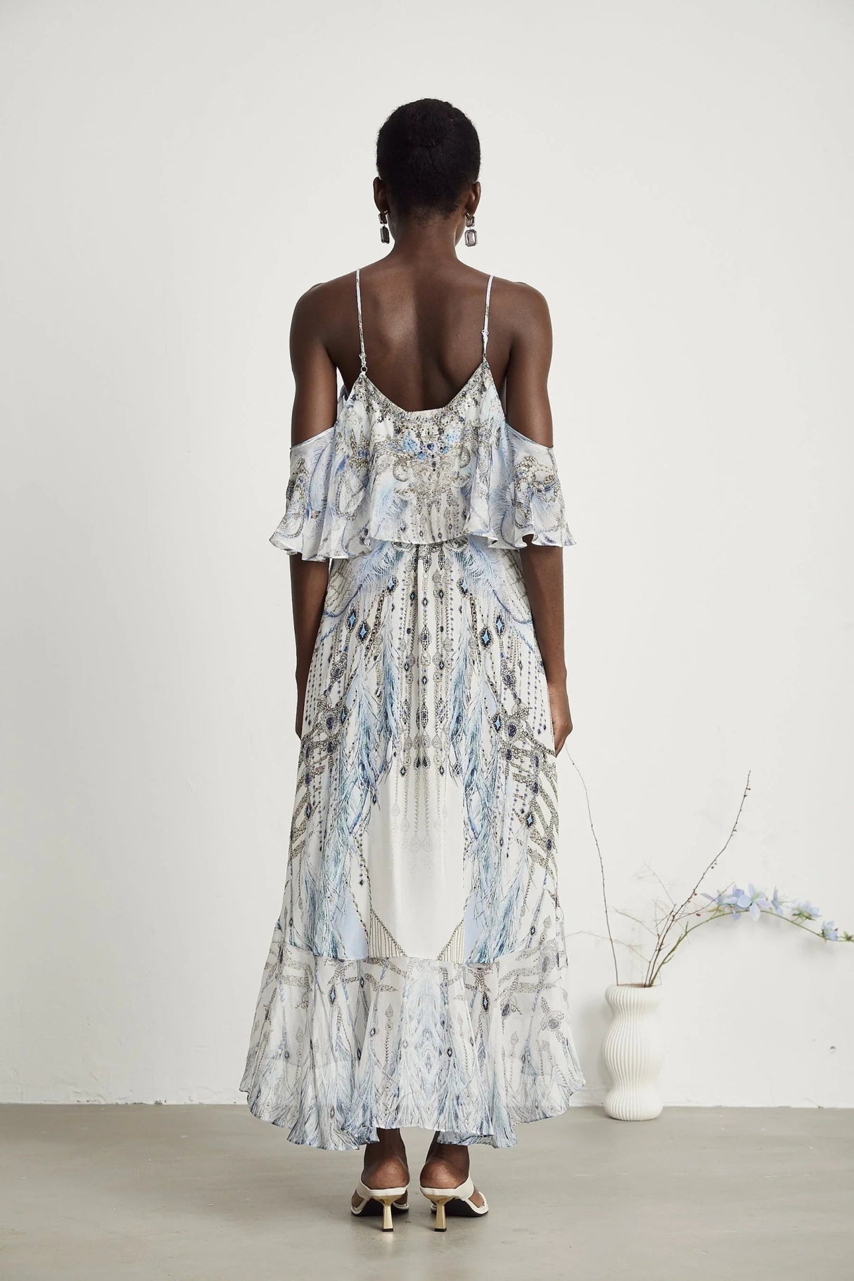 Rosetta Dress White Crystal Embellished Ruffle Hem Midi Silk