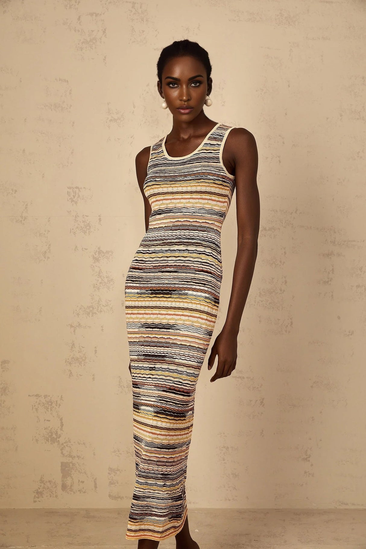 Rosetta Midi Dress Yellow Striped Crochet Knit Fitted Stripe Hem Slip - On & Sleeveless