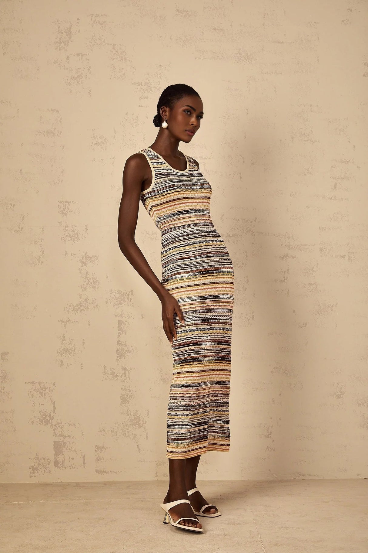 Rosetta Midi Dress Yellow Striped Crochet Knit Fitted Stripe Hem Slip - On & Sleeveless