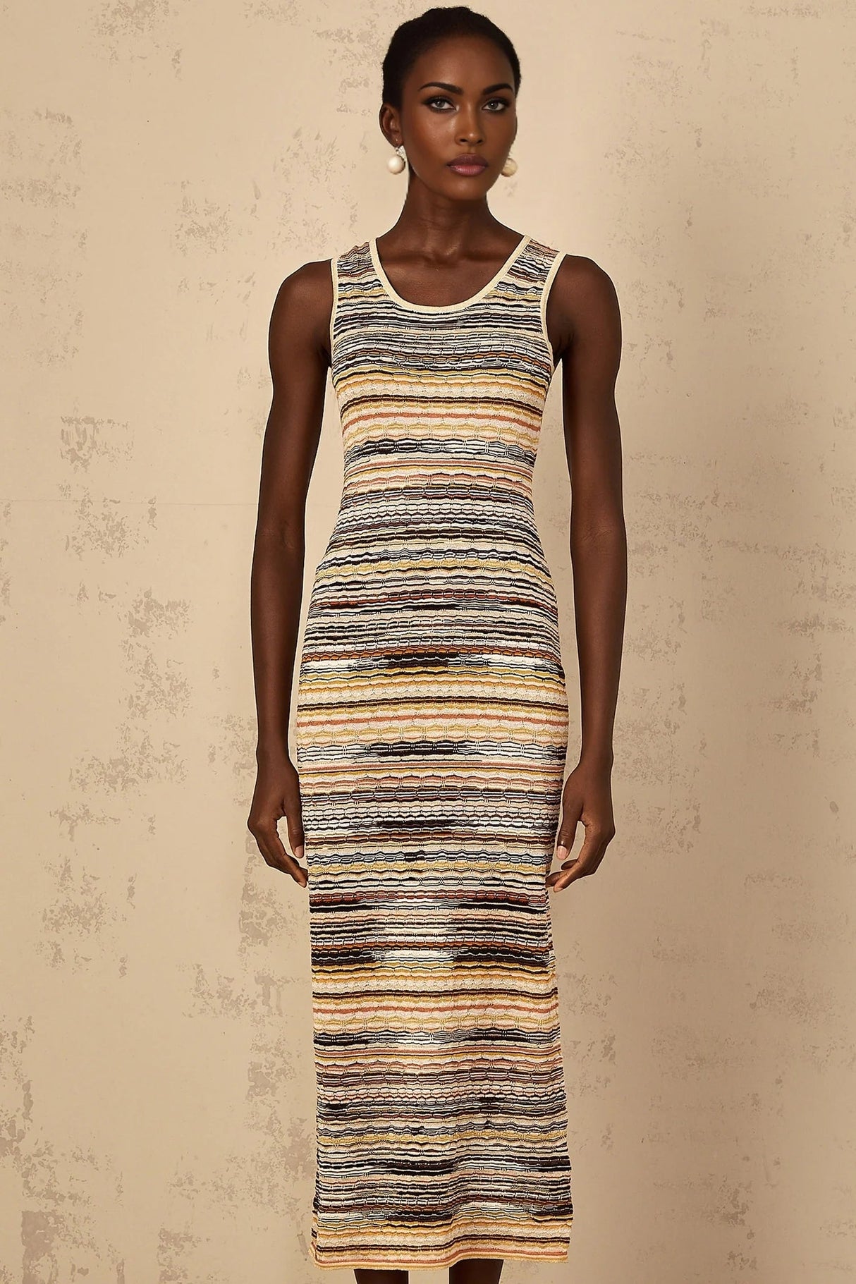 Rosetta Midi Dress Yellow Striped Crochet Knit Fitted Stripe Hem Slip - On & Sleeveless