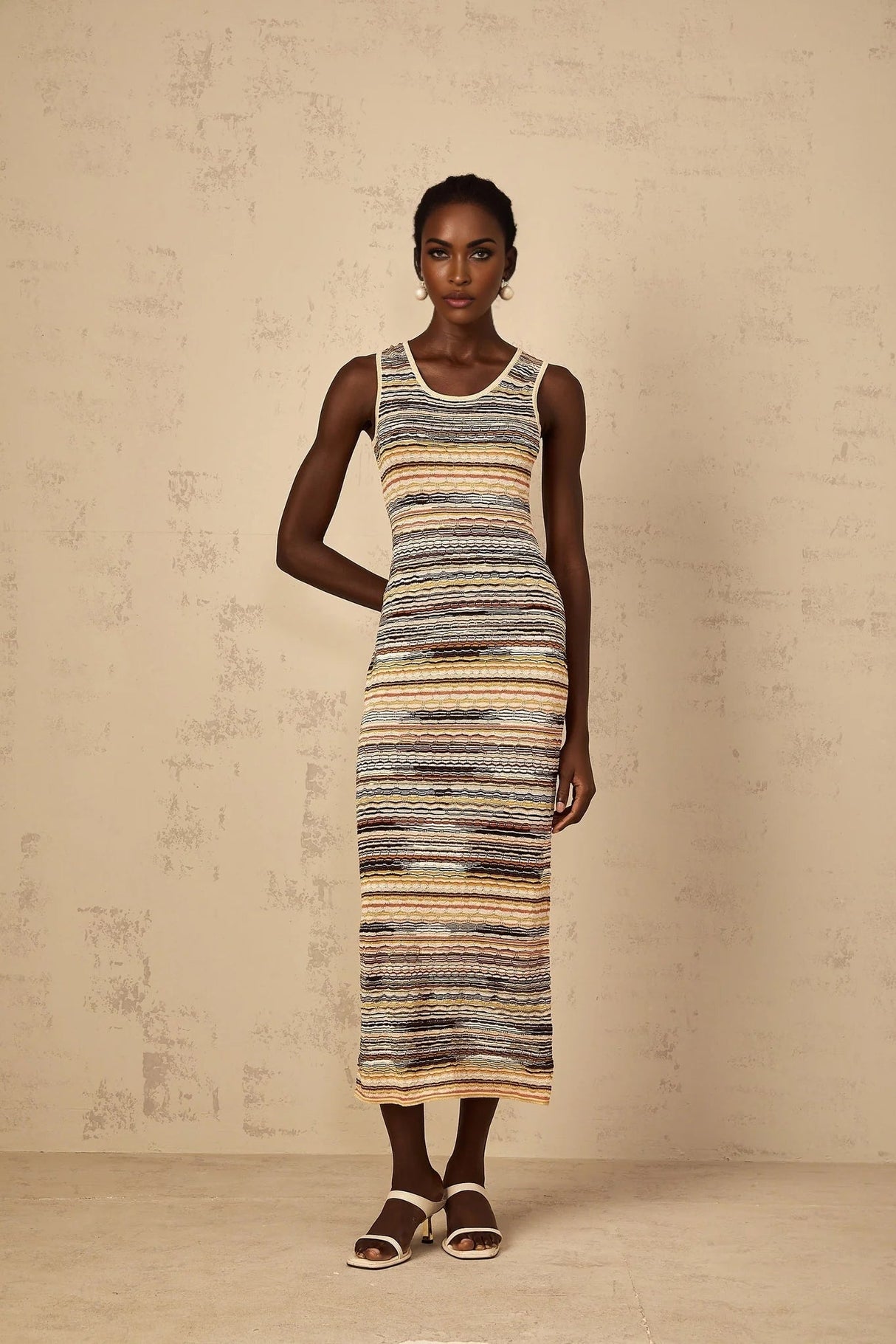 Rosetta Midi Dress Yellow Striped Crochet Knit Fitted Stripe Hem Slip - On & Sleeveless