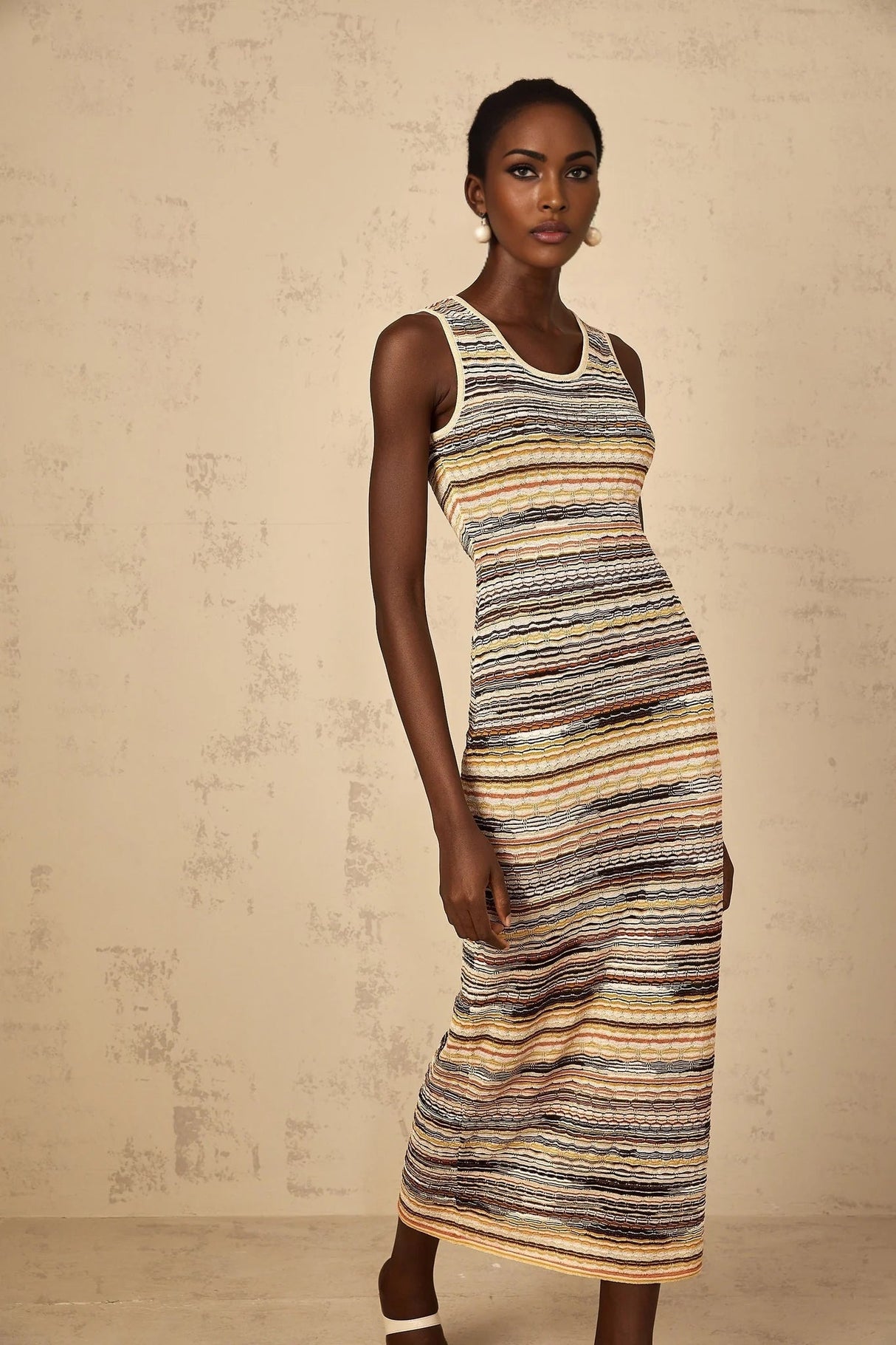 Rosetta Midi Dress Yellow Striped Crochet Knit Fitted Stripe Hem Slip - On & Sleeveless