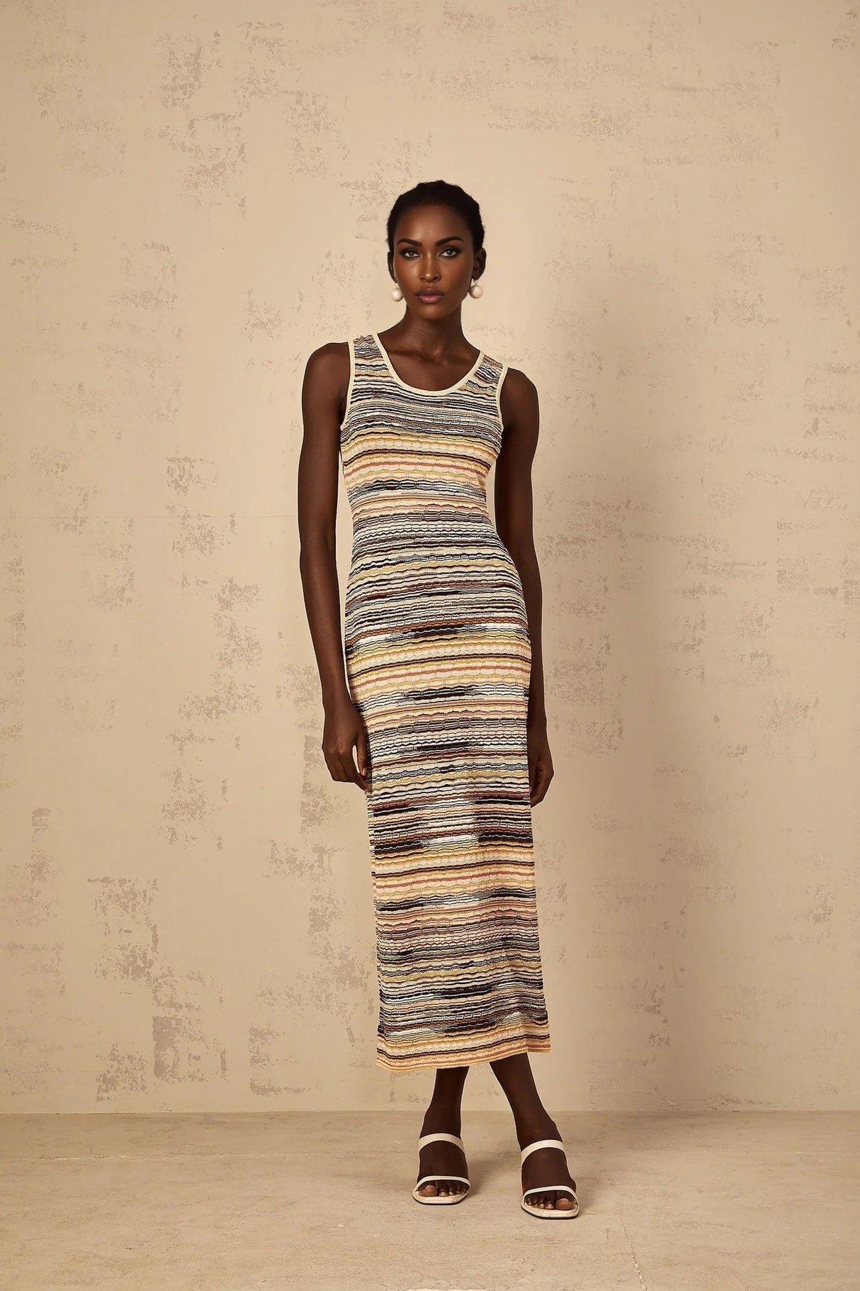 Rosetta Midi Dress Yellow Striped Crochet Knit Fitted Stripe Hem Slip - On & Sleeveless