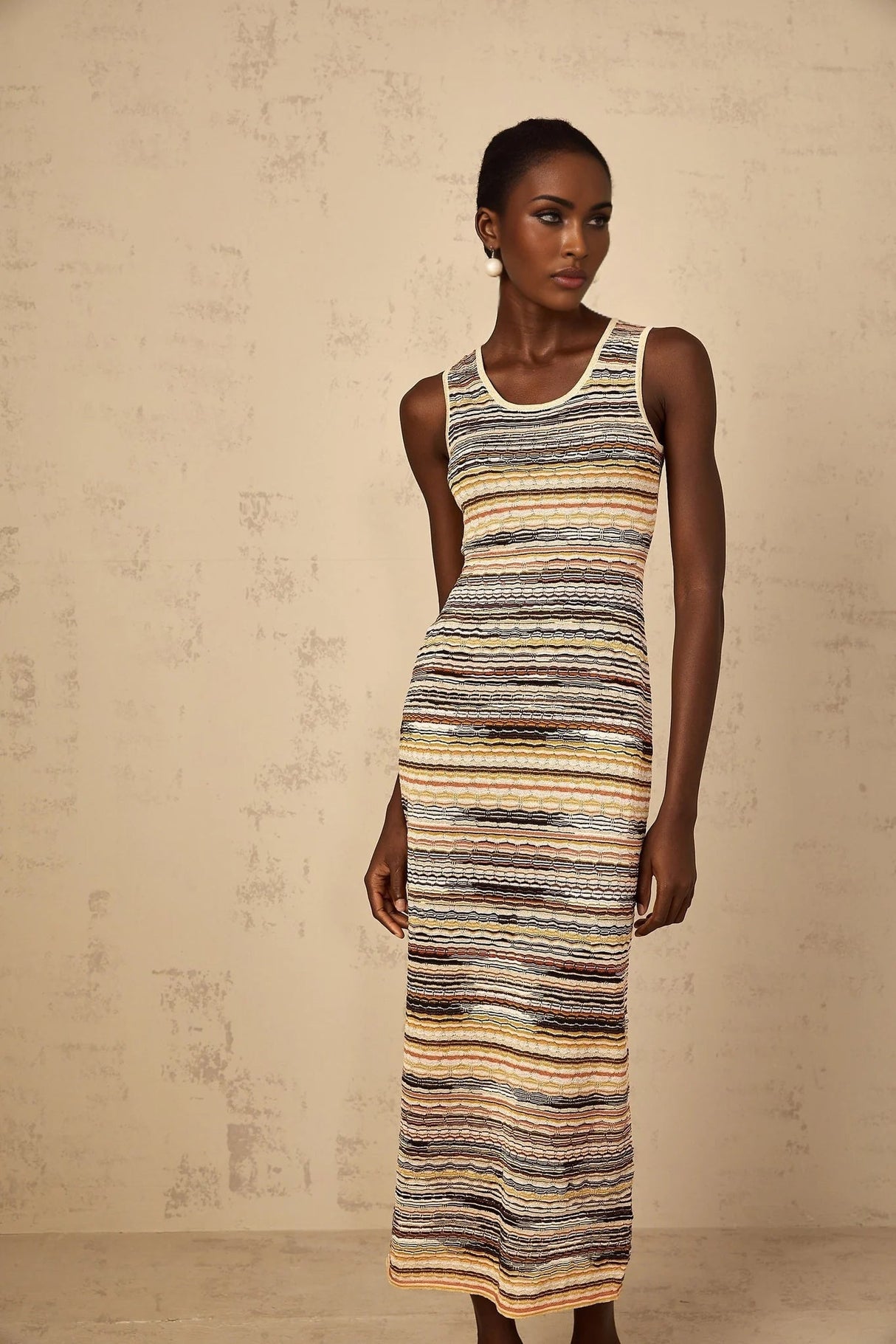 Rosetta Midi Dress Yellow Striped Crochet Knit Fitted Stripe Hem Slip - On & Sleeveless