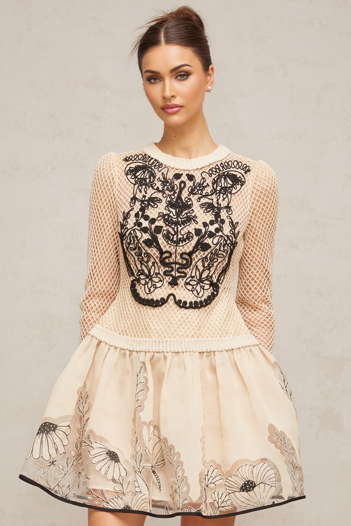Rosetta Mini Dress in Neutrals and Black Mesh Floral Appliqué