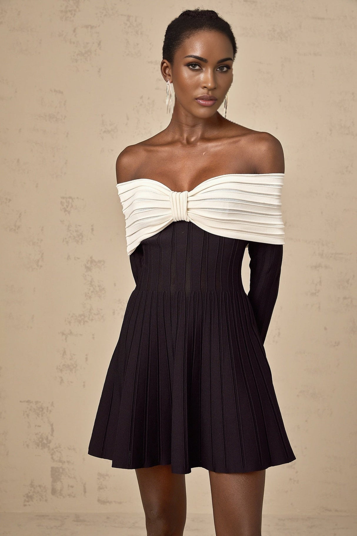 Rosetta Mini Dress Off Shoulder Bow Flare Black & White