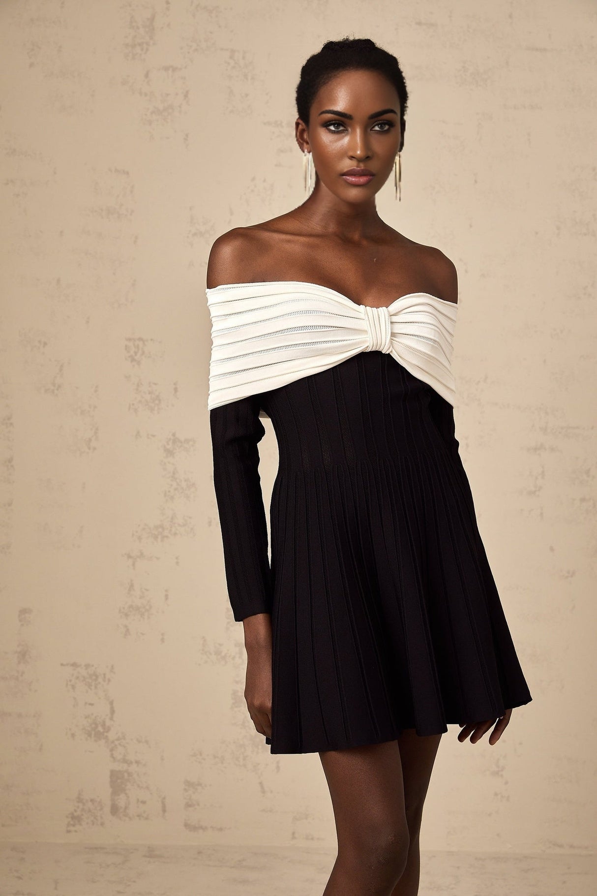 Rosetta Mini Dress Off Shoulder Bow Flare Black & White