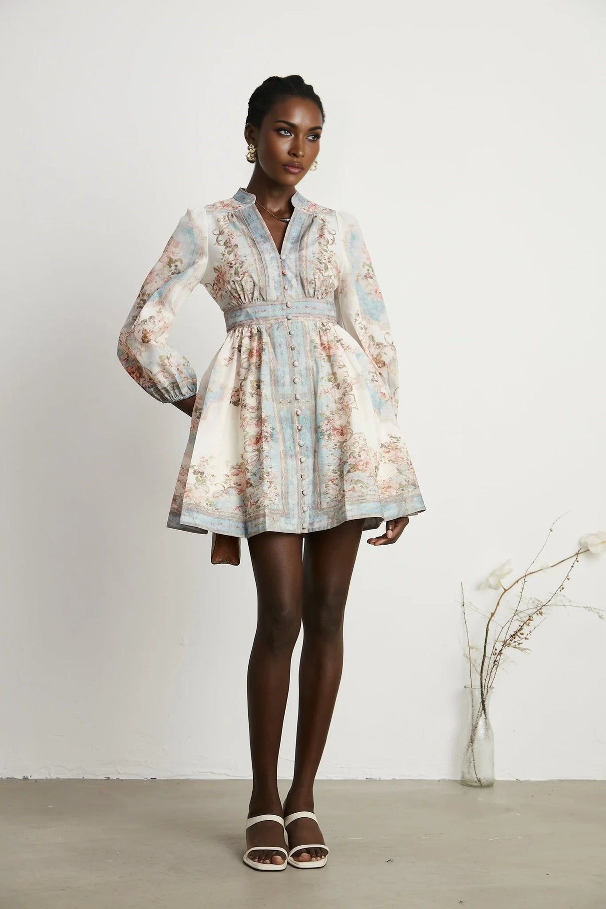 Rosetta Mini Dress White & Blue Floral V - Neck Button Fastening