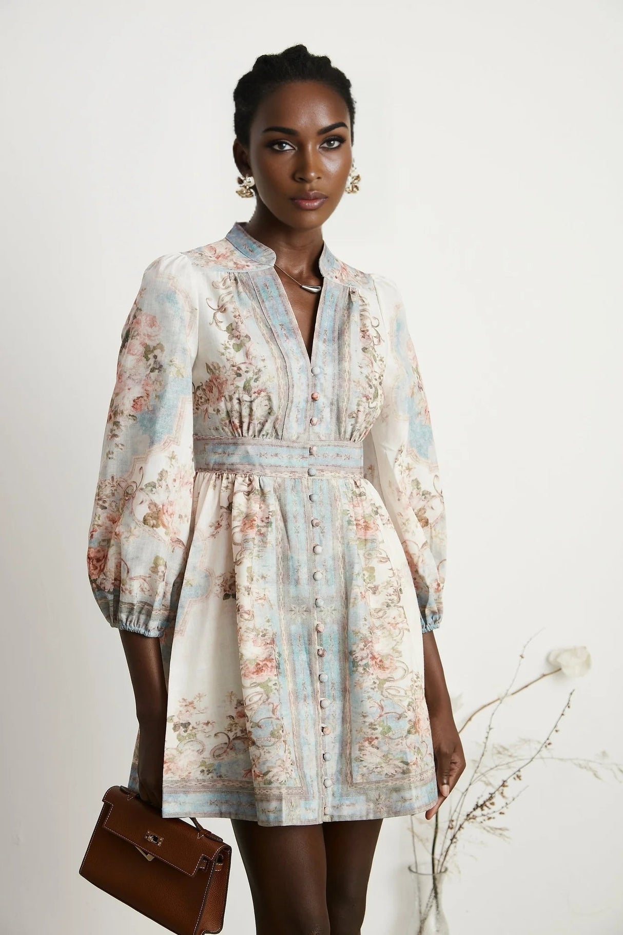 Rosetta Mini Dress White & Blue Floral V - Neck Button Fastening