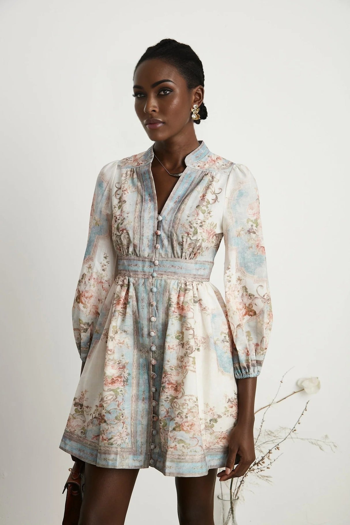 Rosetta Mini Dress White & Blue Floral V - Neck Button Fastening