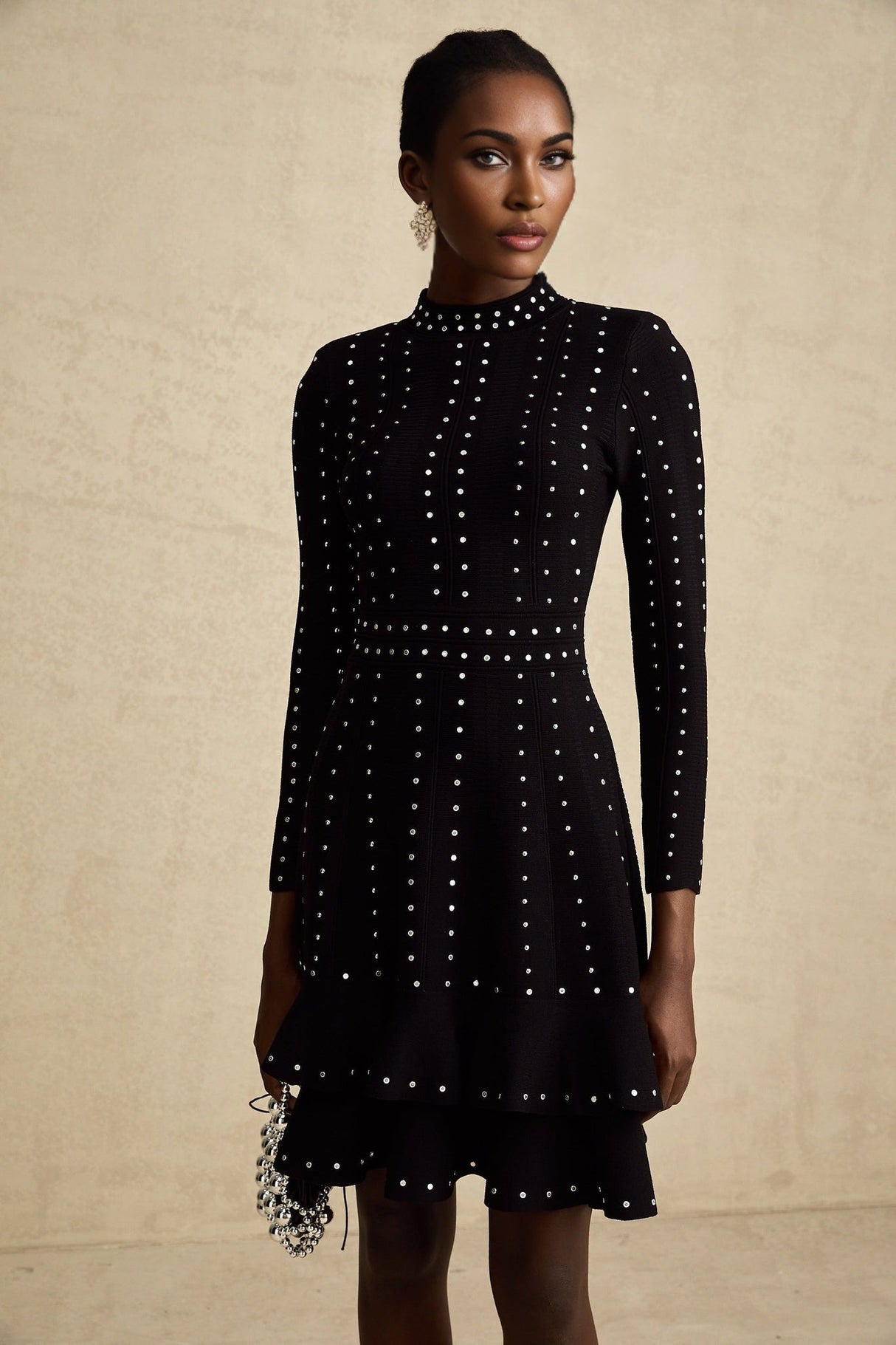 Rossella Mini Dress Black Tiered Ruffled Knit