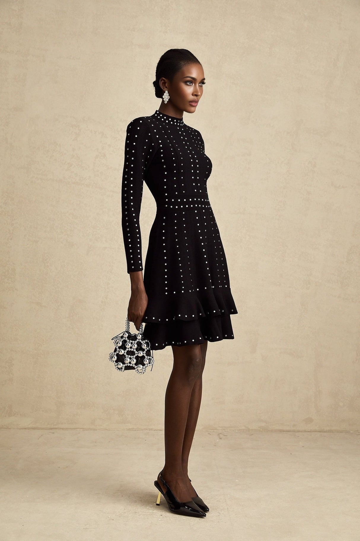 Rossella Mini Dress Black Tiered Ruffled Knit