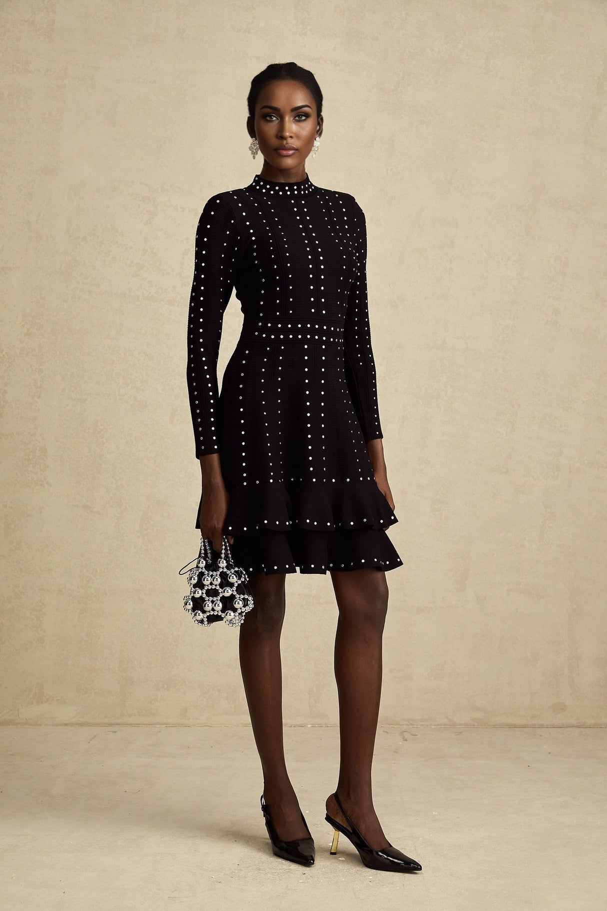 Rossella Mini Dress Black Tiered Ruffled Knit