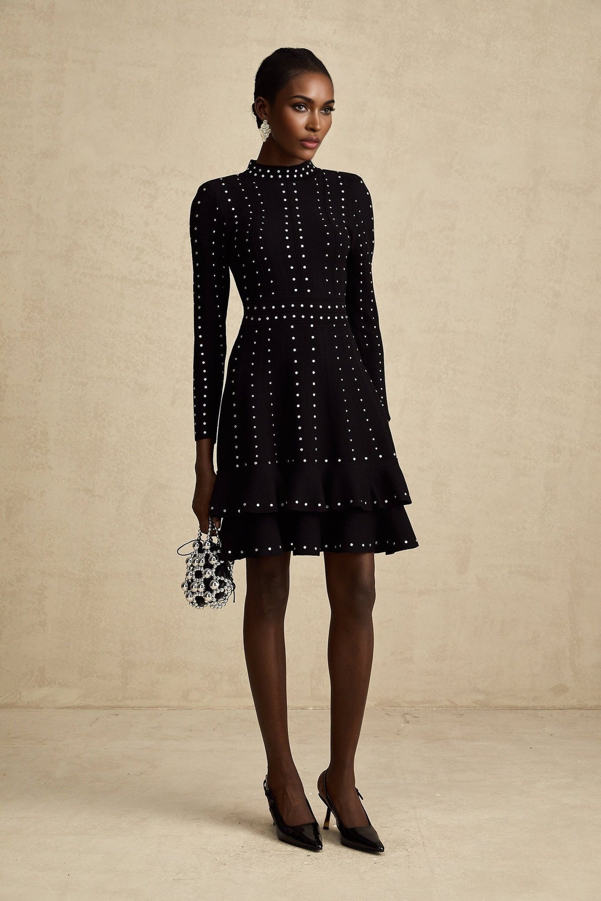 Rossella Mini Dress Black Tiered Ruffled Knit