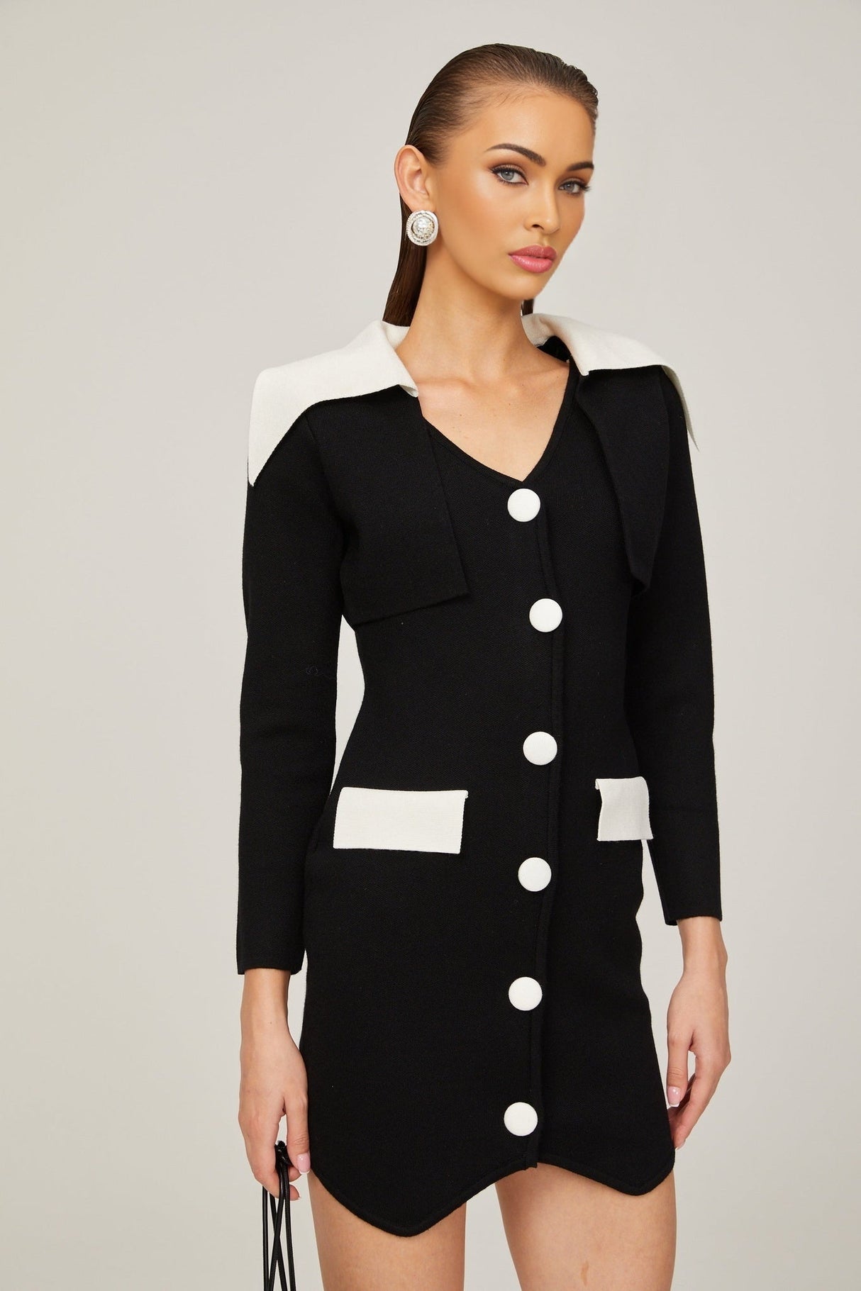 Rossella Mini Dress Black White Contrast V Neck Thigh Button