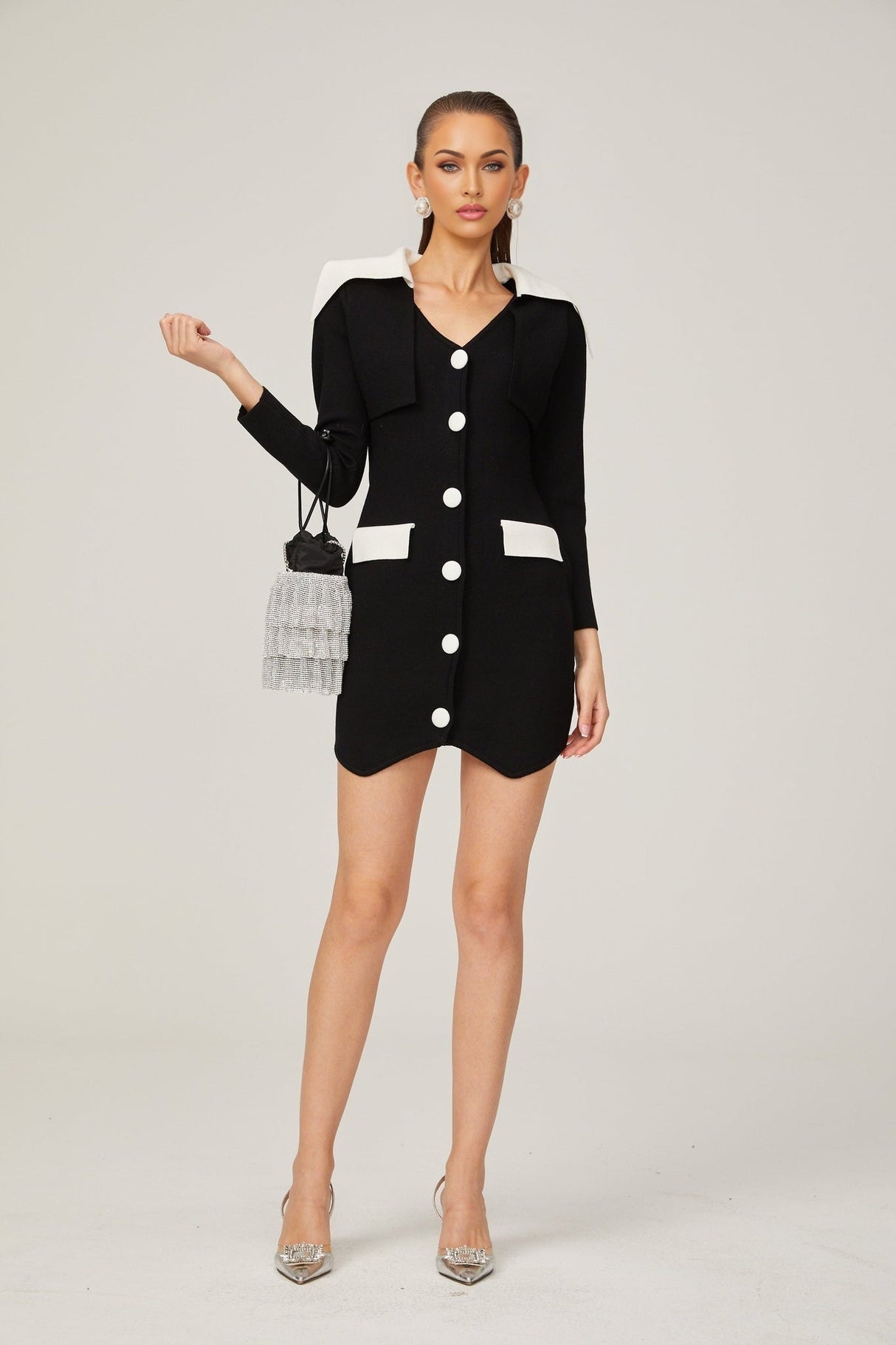 Rossella Mini Dress Black White Contrast V Neck Thigh Button