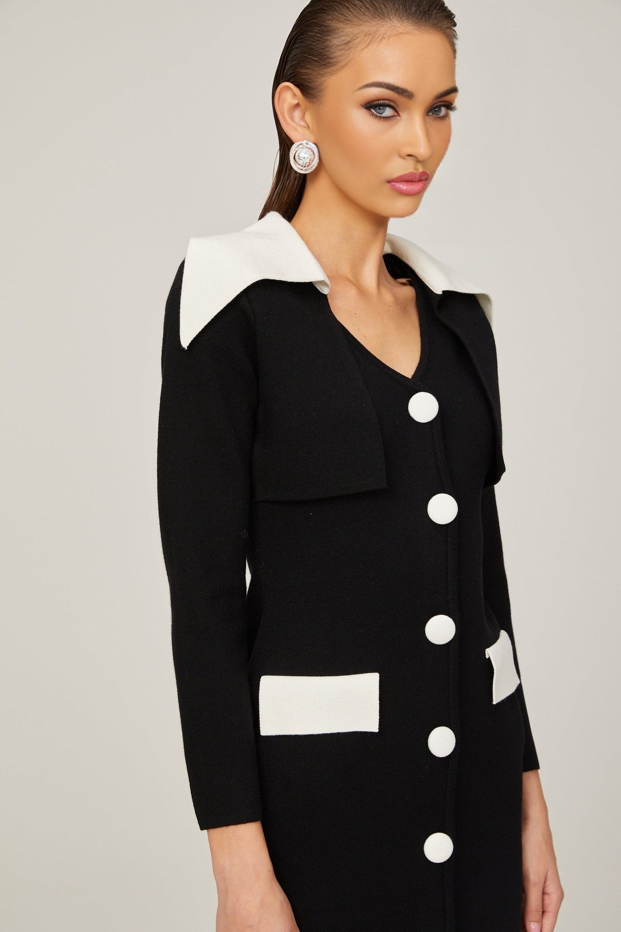 Rossella Mini Dress Black White Contrast V Neck Thigh Button