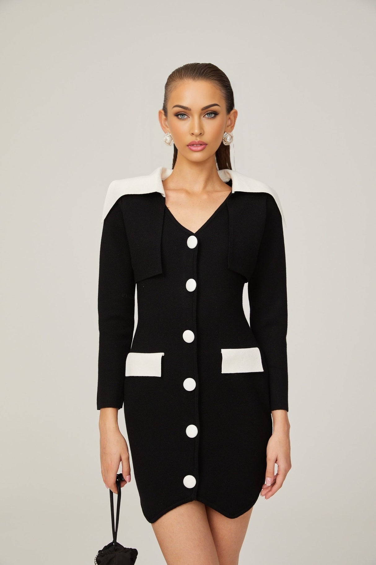 Rossella Mini Dress Black White Contrast V Neck Thigh Button