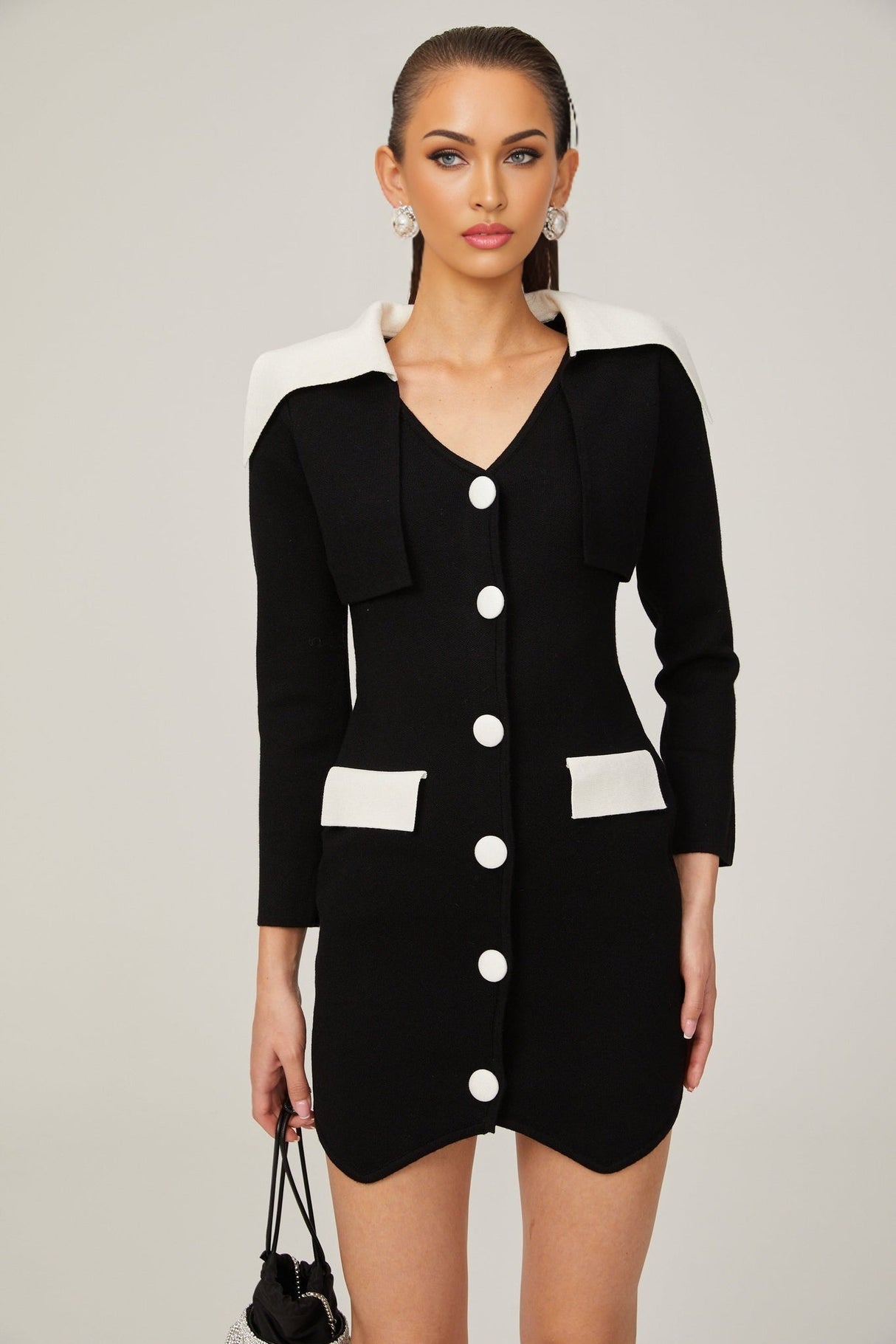 Rossella Mini Dress Black White Contrast V Neck Thigh Button