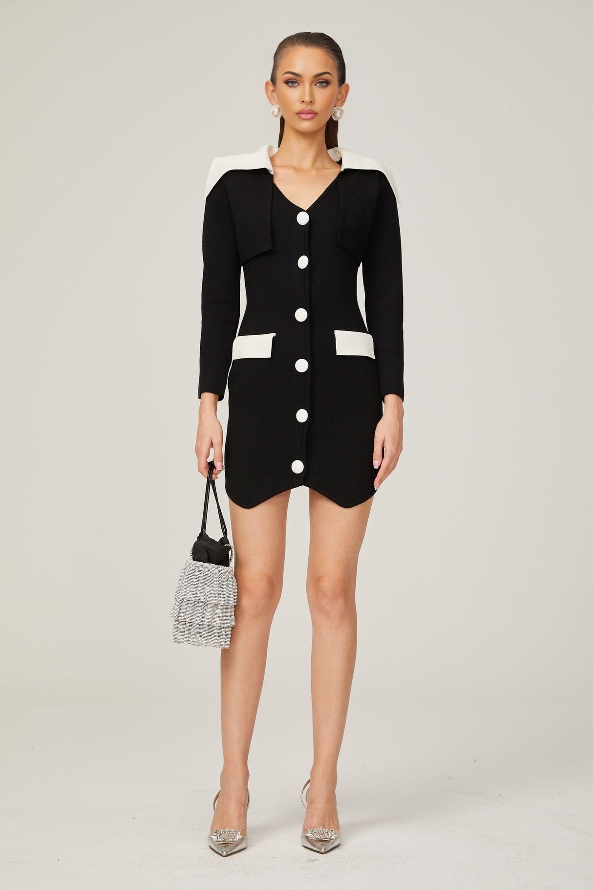 Rossella Mini Dress Black White Contrast V Neck Thigh Button