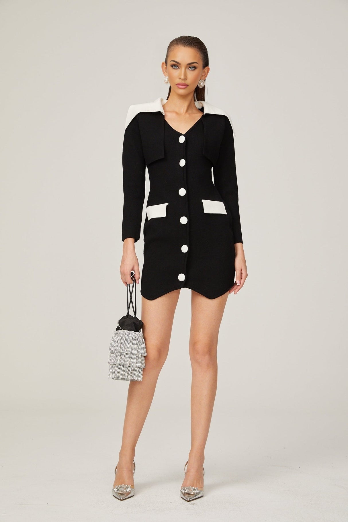 Rossella Mini Dress Black White Contrast V Neck Thigh Button