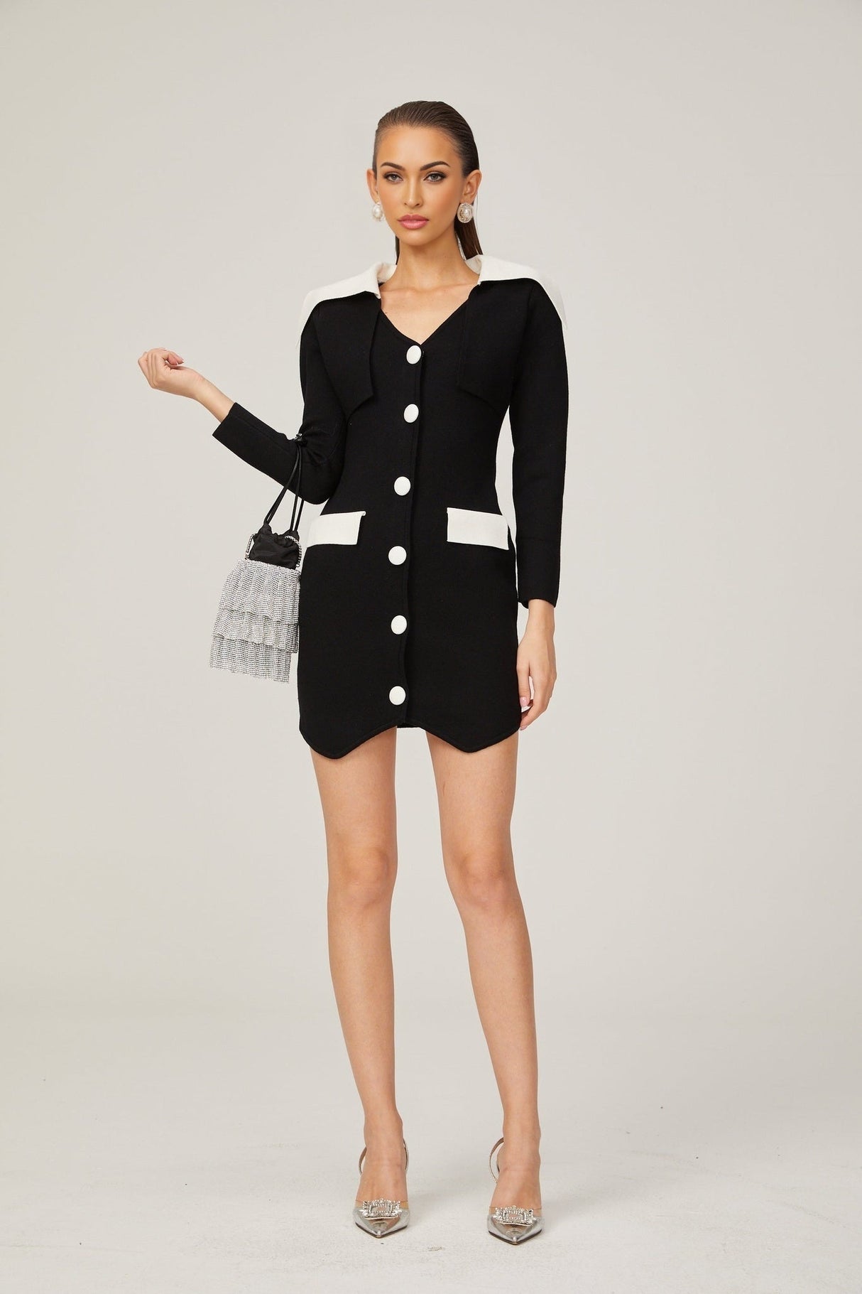 Rossella Mini Dress Black White Contrast V Neck Thigh Button