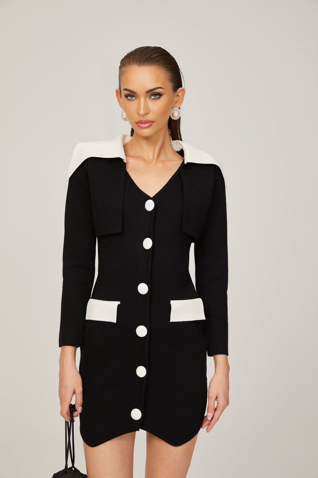 Rossella Mini Dress Black White Contrast V Neck Thigh Button