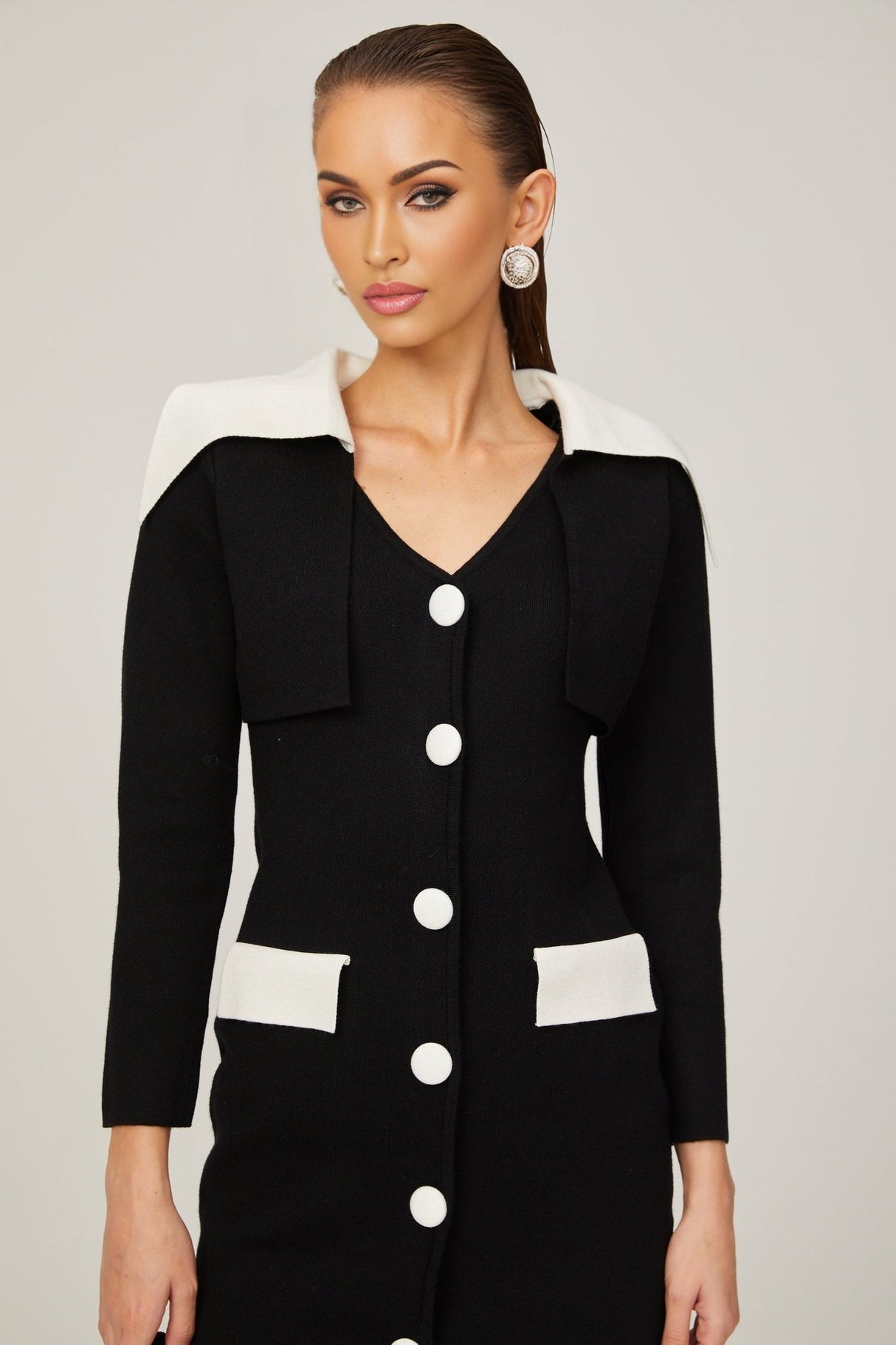 Rossella Mini Dress Black White Contrast V Neck Thigh Button