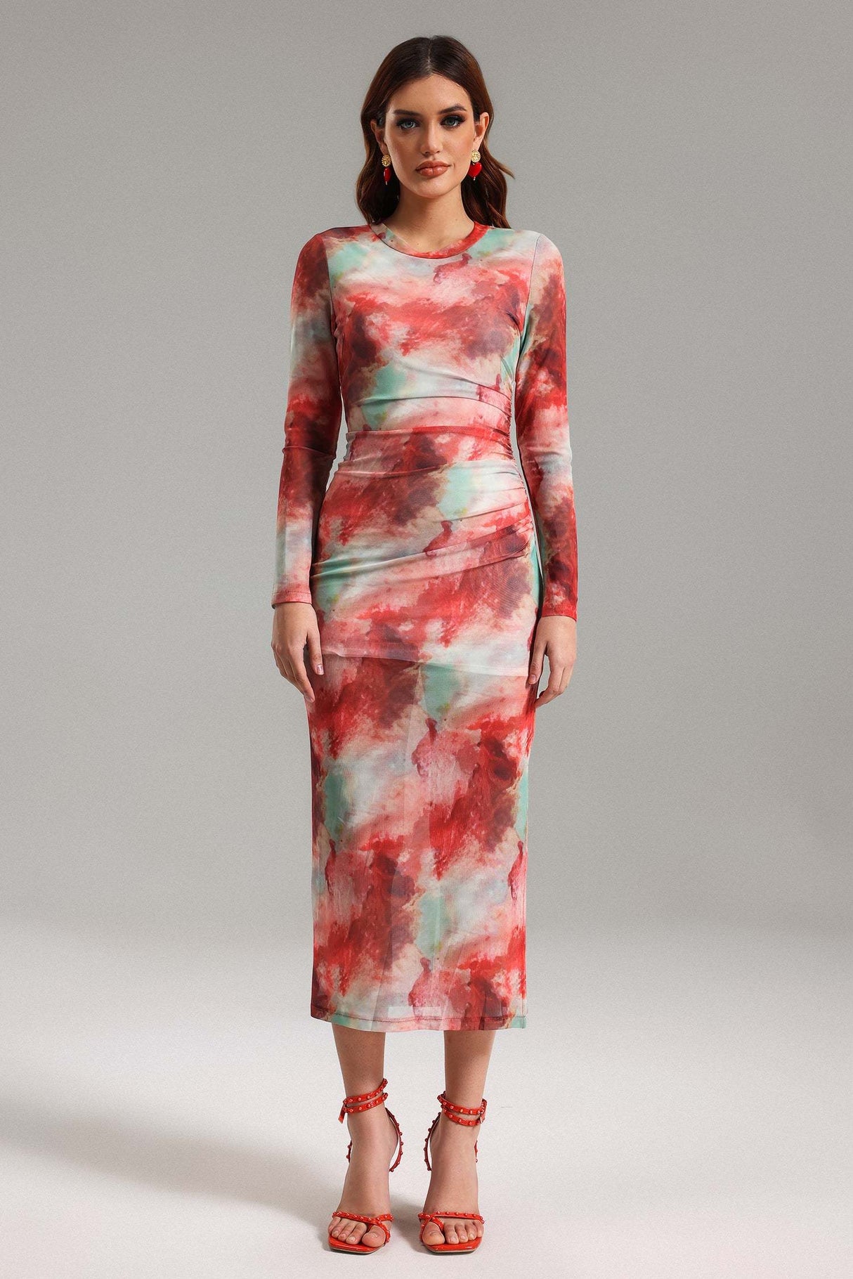 Rossella Red Watercolor Print Fitted Midi Dress Long Sleeves Crew Neckline Soft Mesh Fabric Elegant Contemporary Fashion