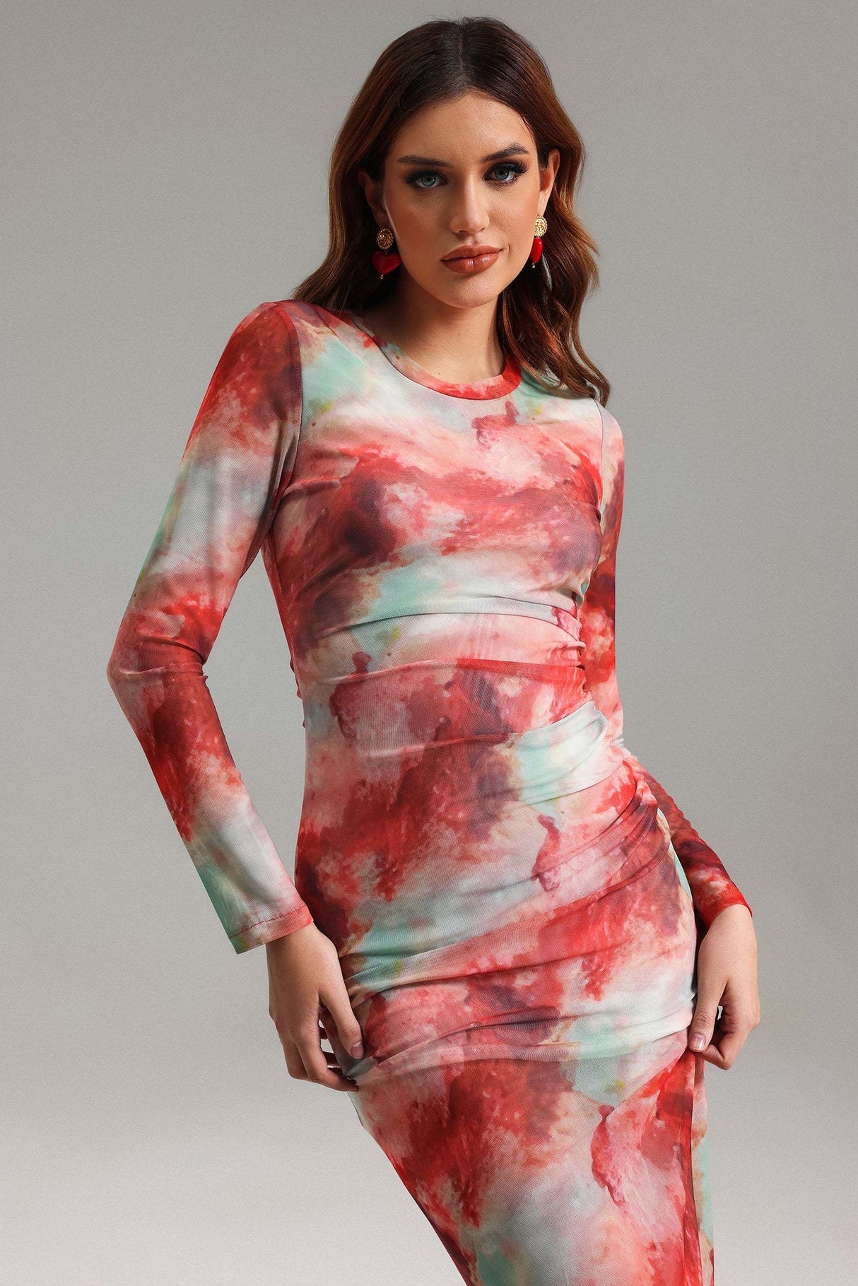 Rossella Red Watercolor Print Mesh Dress